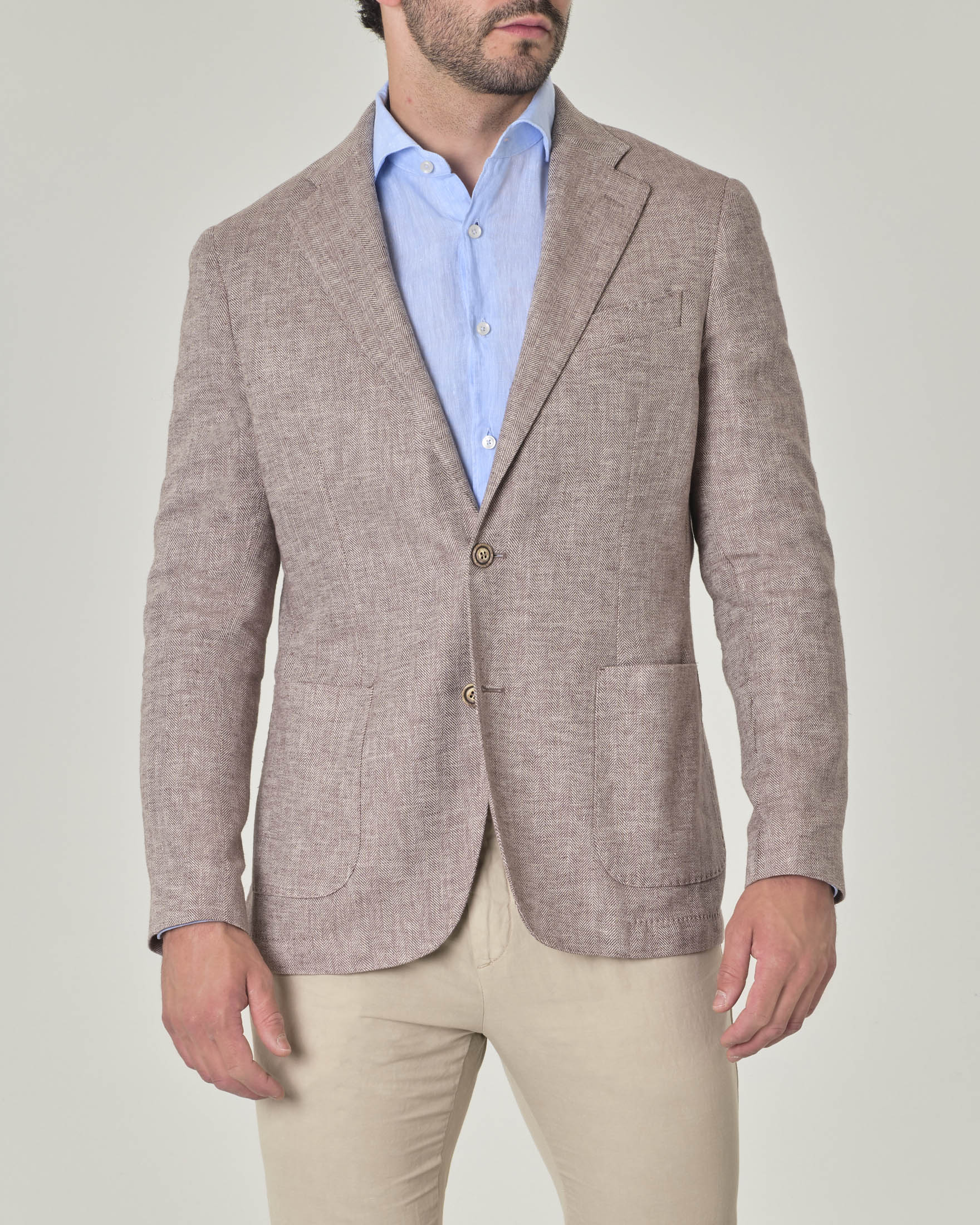 Blazer sabbia in tessuto ad armatura chevron di cotone e lino con tasche applicate