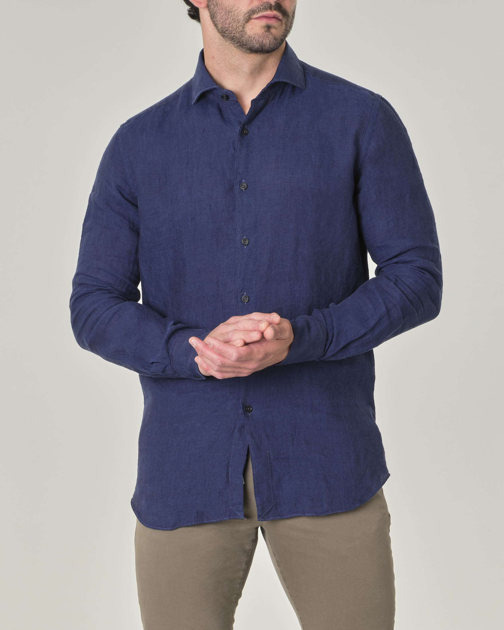 Camicia blu navy in puro lino con colletto alla francese