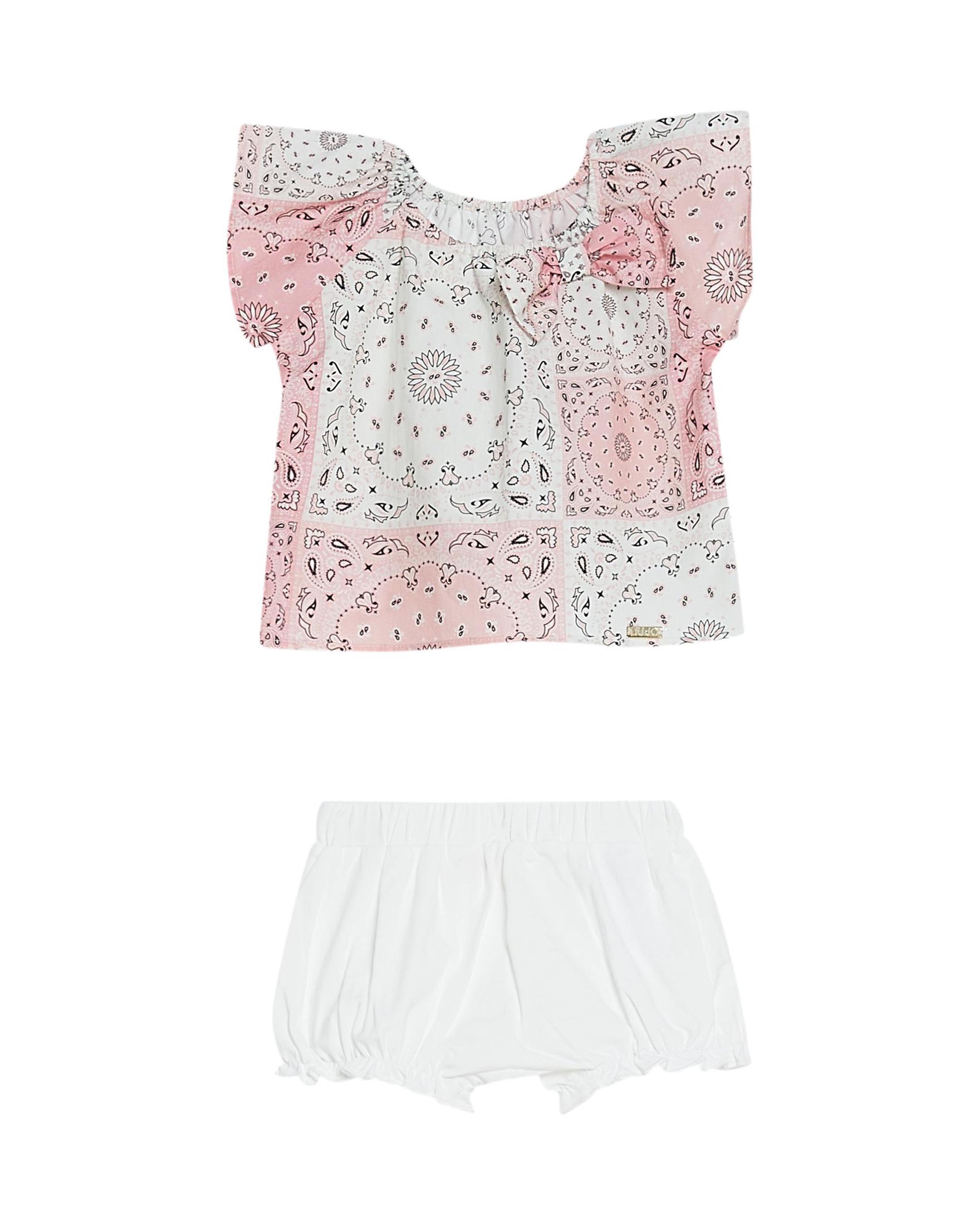 Completo t-shirt con fantasia rosa a bandana e coulottes bianche 3-12 mesi