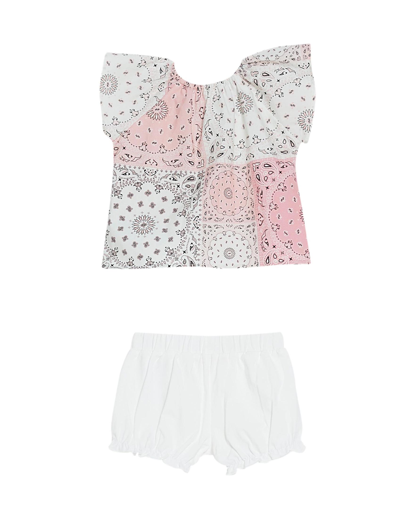 Completo t-shirt con fantasia rosa a bandana e coulottes bianche 3-12 mesi