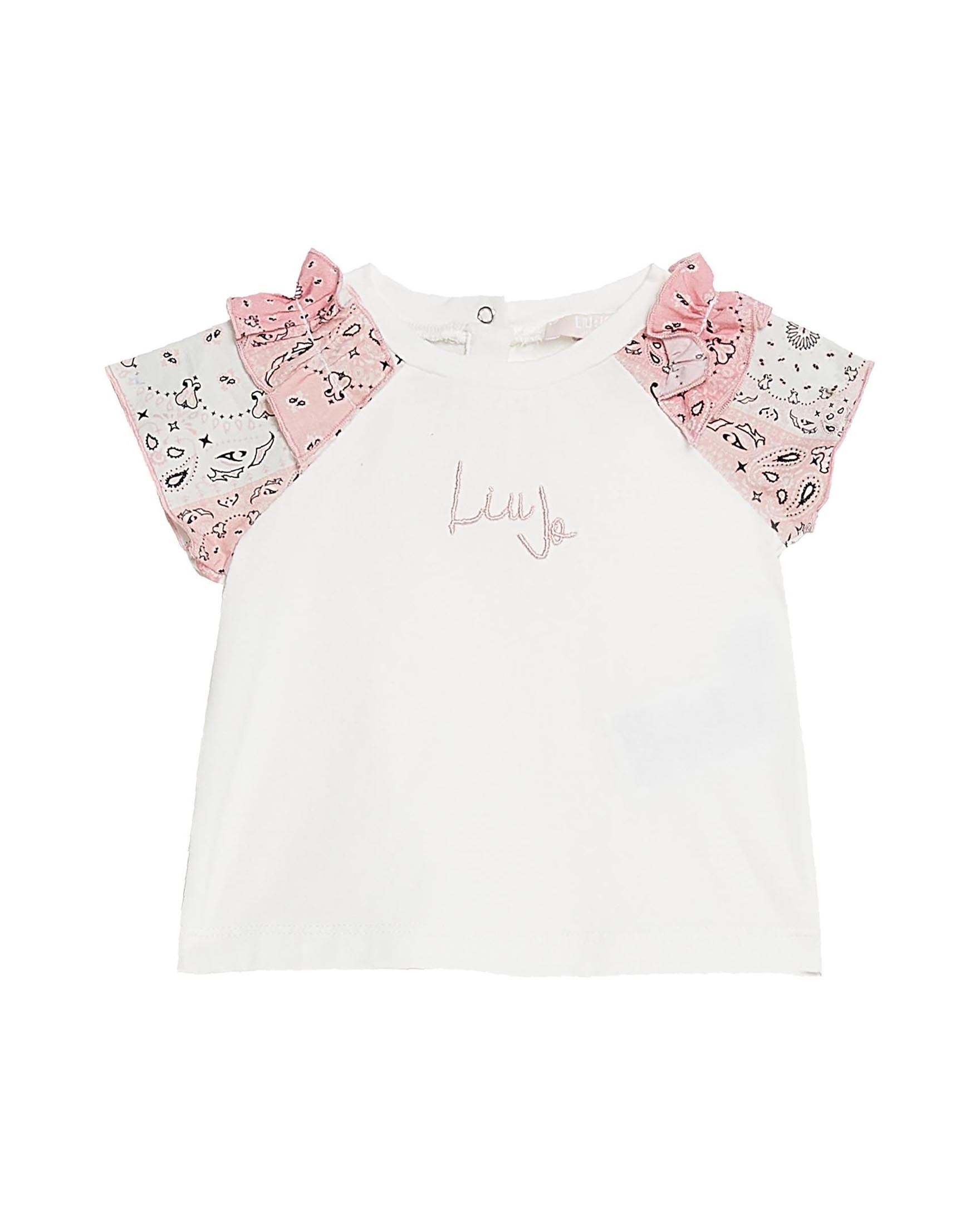 T-shirt bianca in cotone stretch con manica a volants con fantasia bandana rosa 6-18 mesi