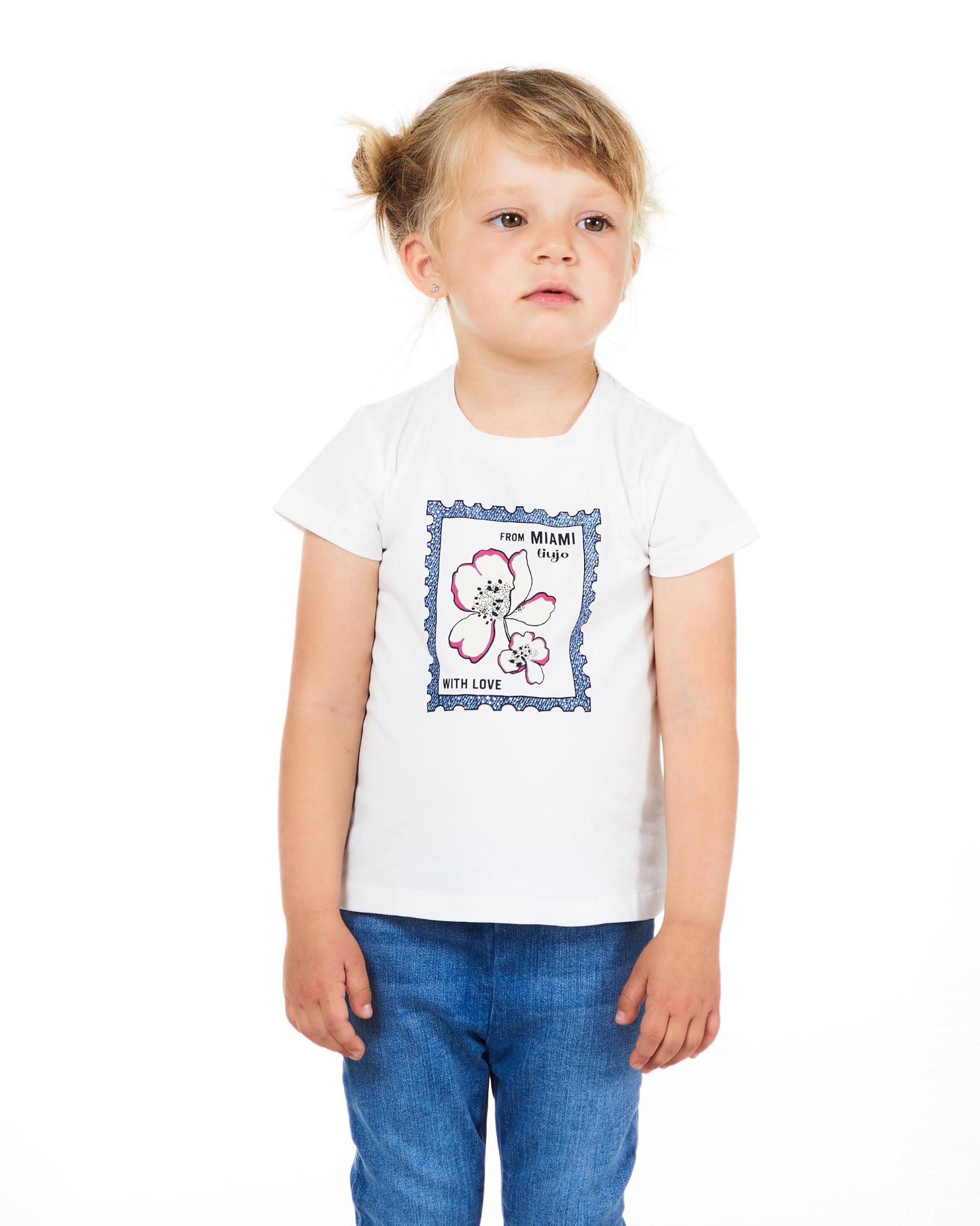 T-shirt bianca mezza manica in cotone stretch con stampa francobollo 3-7 anni