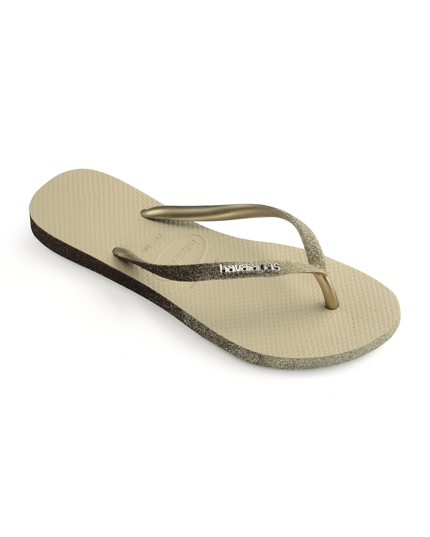 Havaianas Slim Sparkle II color sabbia con glitter sulle fascette con logo in metallo