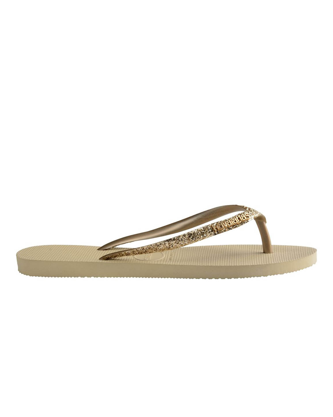 Havaianas Slim Glitter II color sabbia con glitter oro sulle fascette e scritta logo a rilievo in metallo image