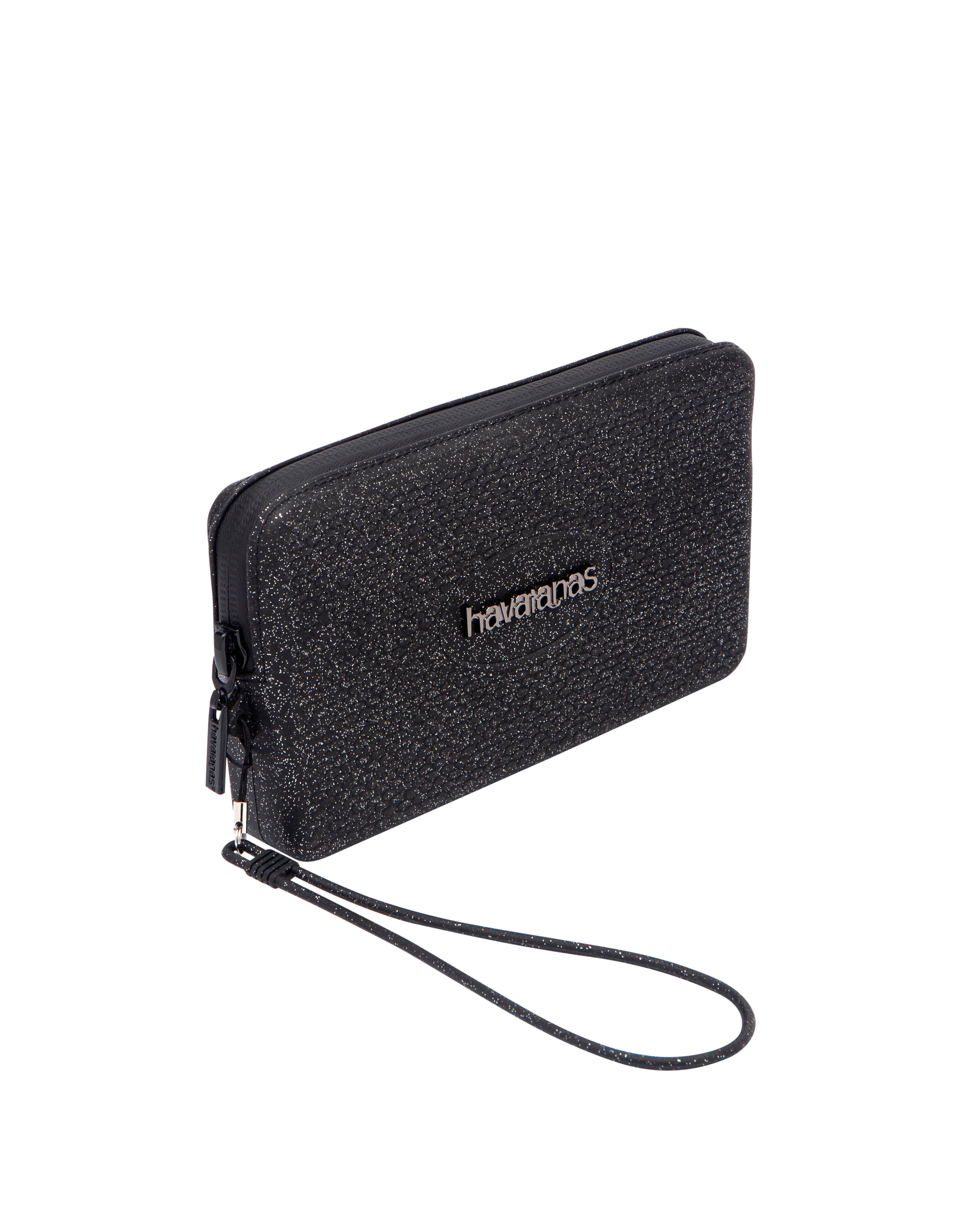 Mini Bag Plus nera effetto metallizzato con glitter a lavorazione grana di riso e maxi logo in metallo