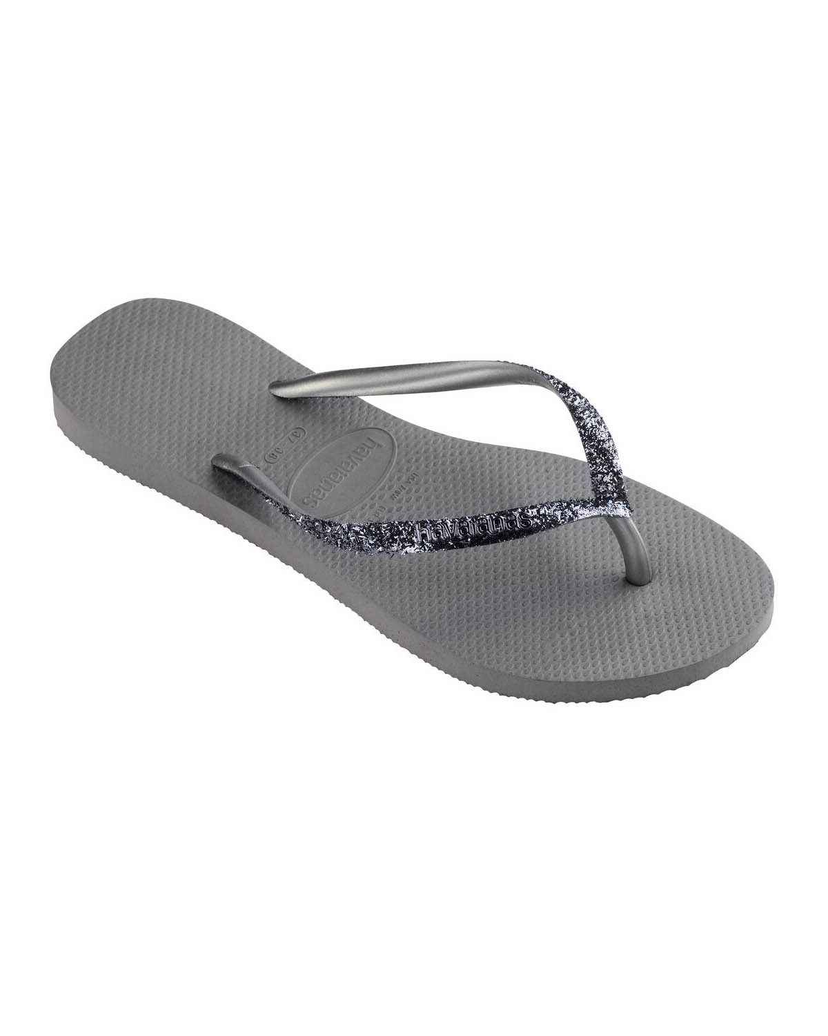 Havaianas Slim Glitter II grigie con glitter tono su tono sulle fascette e scritta logo a rilievo in metallo