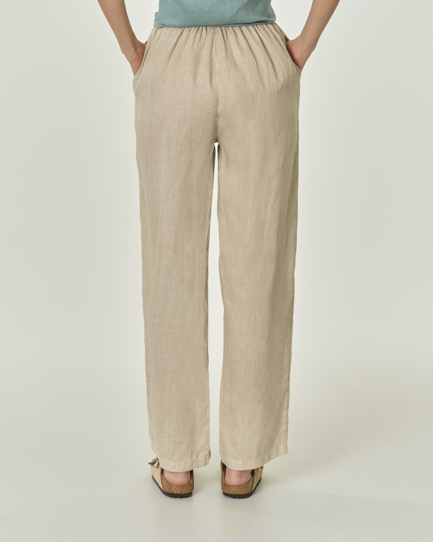 Pantaloni palazzo beige in lino con fascia in vita con elastico