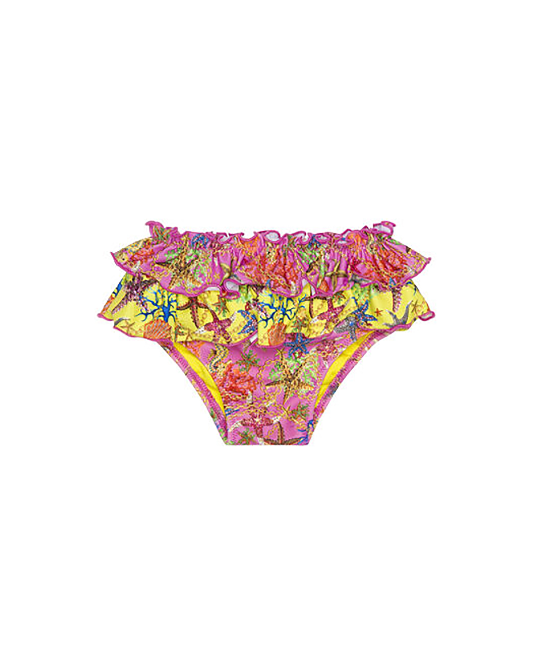 Slip bikini fucsia e giallo in fantasia stelle marine con doppio volant