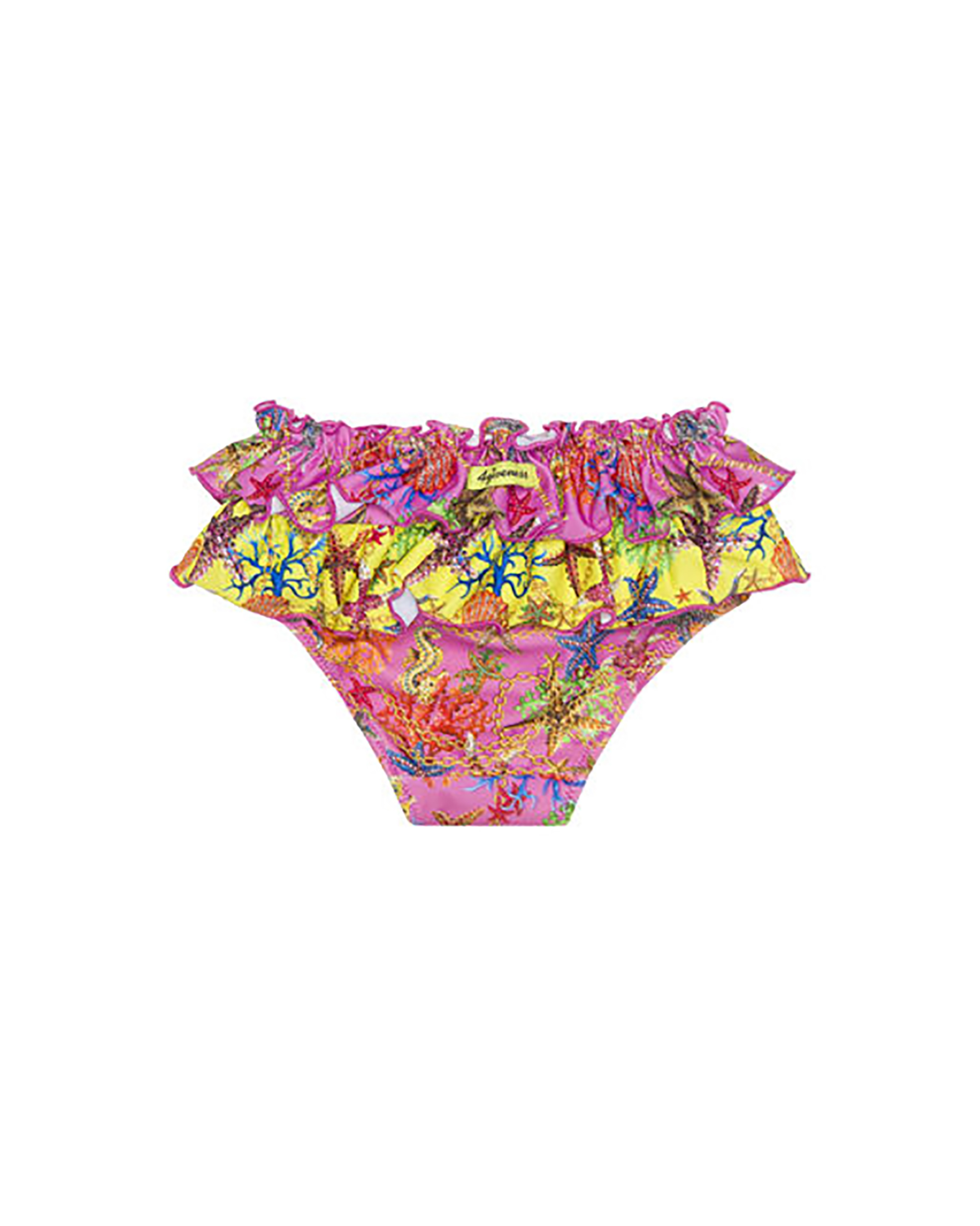 Slip bikini fucsia e giallo in fantasia stelle marine con doppio volant  image