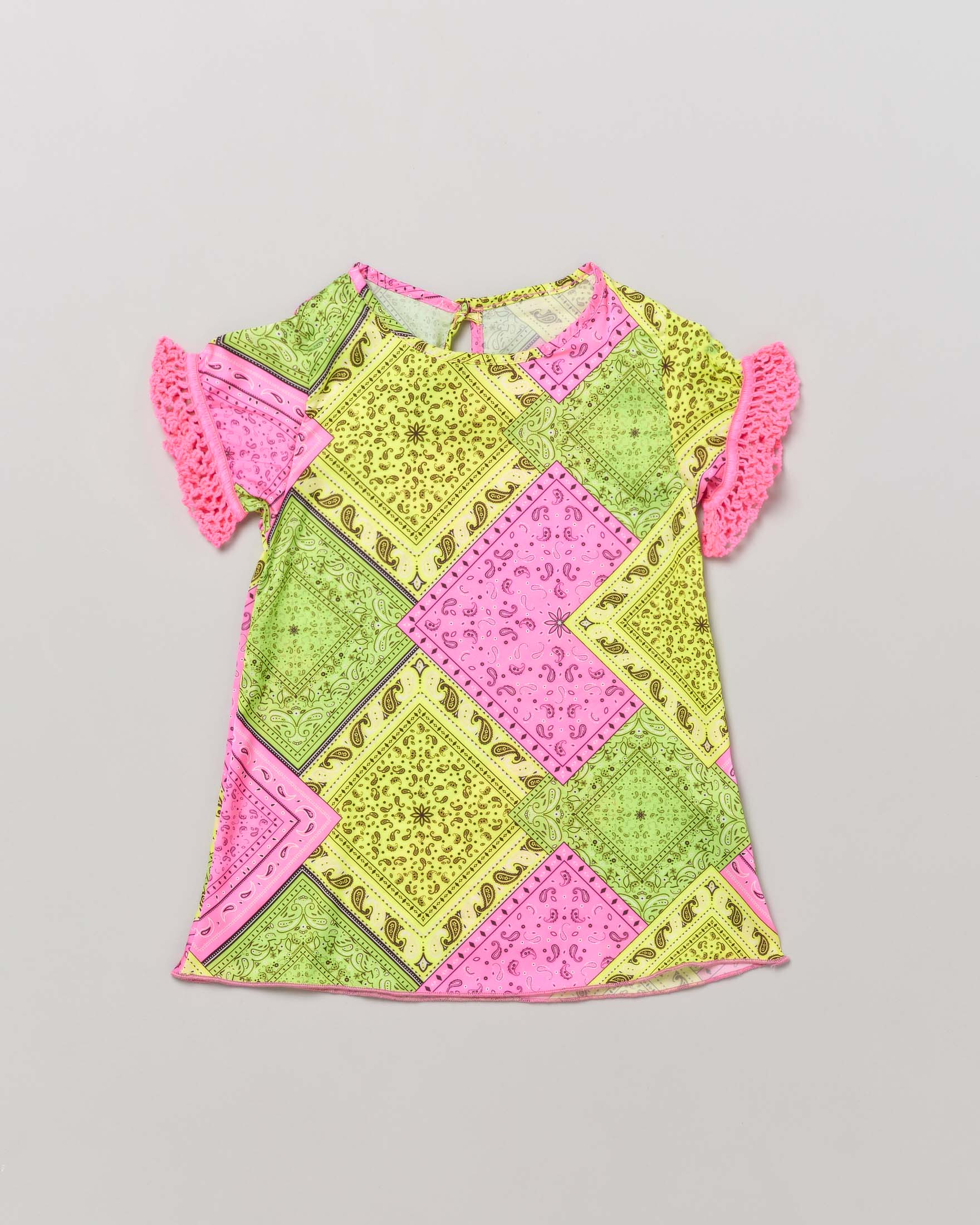 Copricostume fucsia e giallo in tessuto stretch con stampa bandana