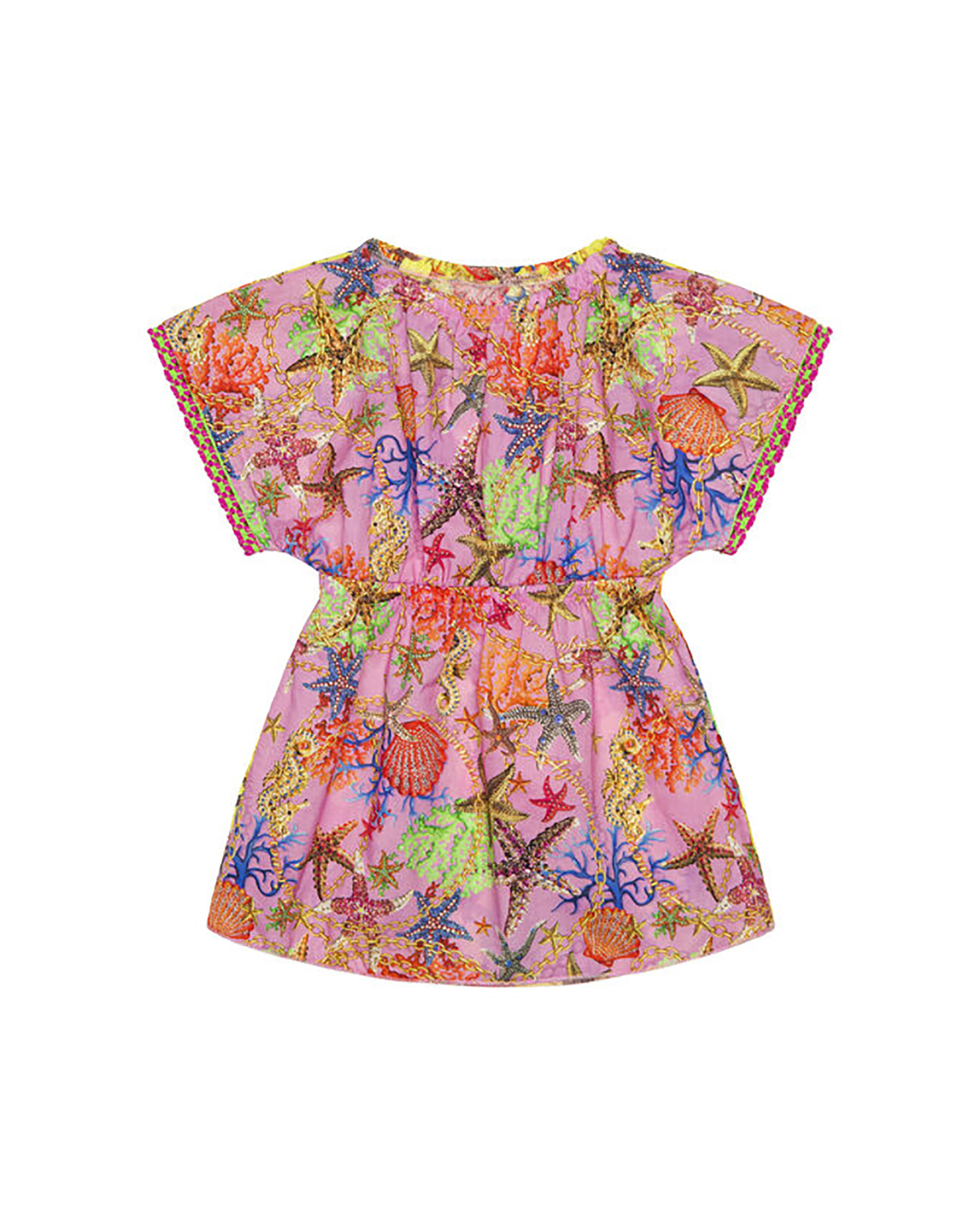 Copricostume fucsia e giallo in viscosa con stampa stelle marine