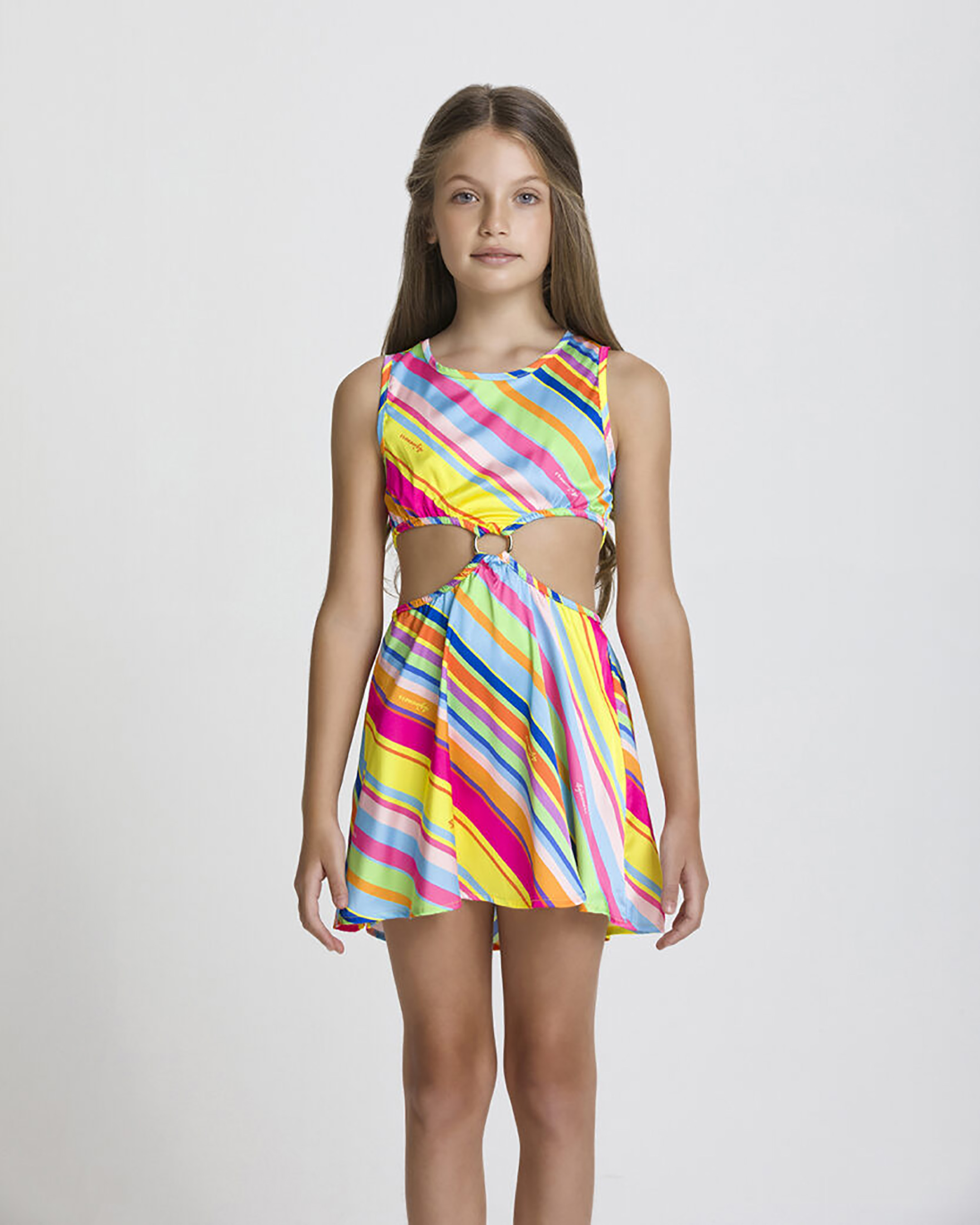 Copricostume a righe multicolore con cut-out ai fianchi e anello metallico in vita