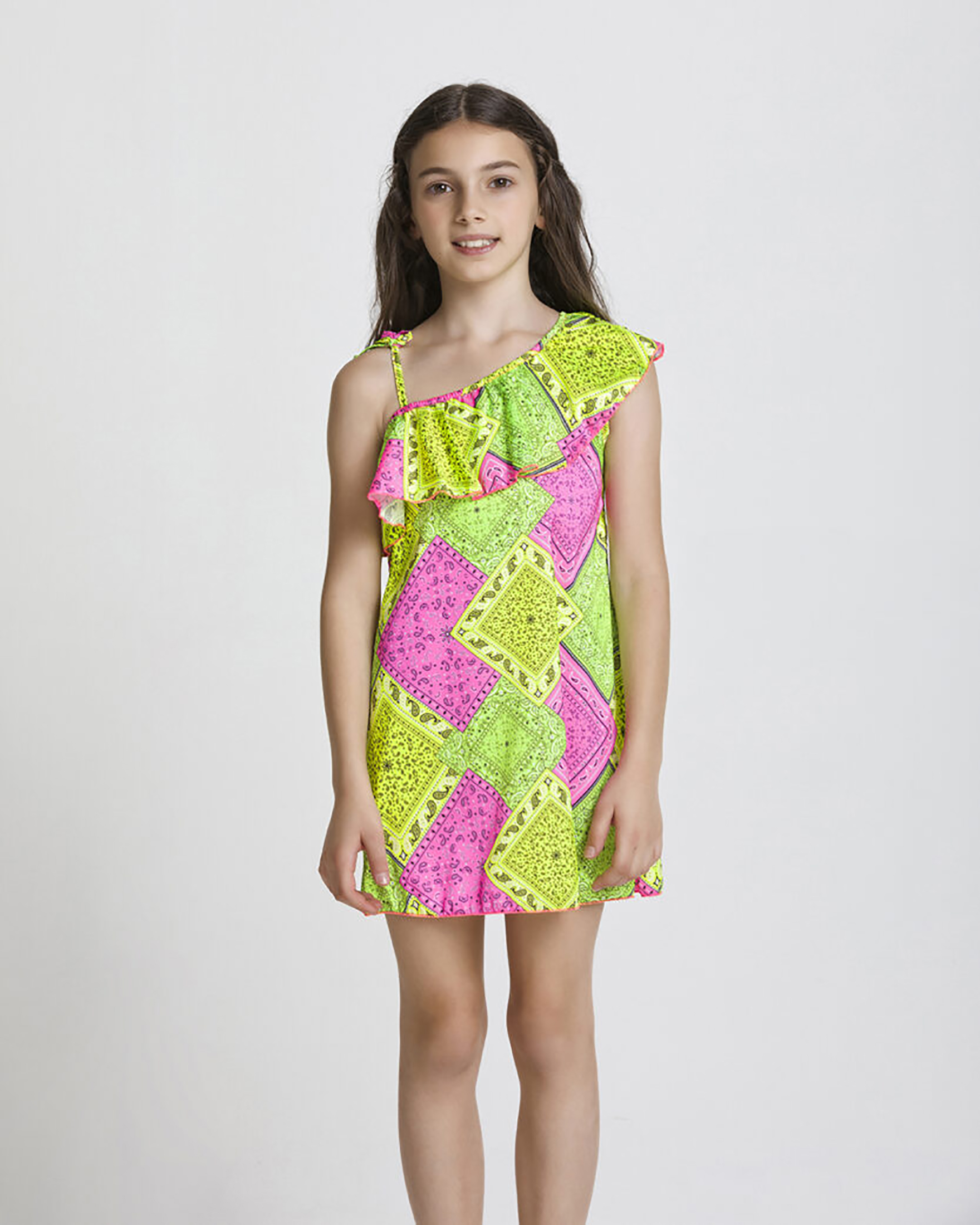 Copricostume monospalla con stampa bandana multicolore e volant sulla spalla