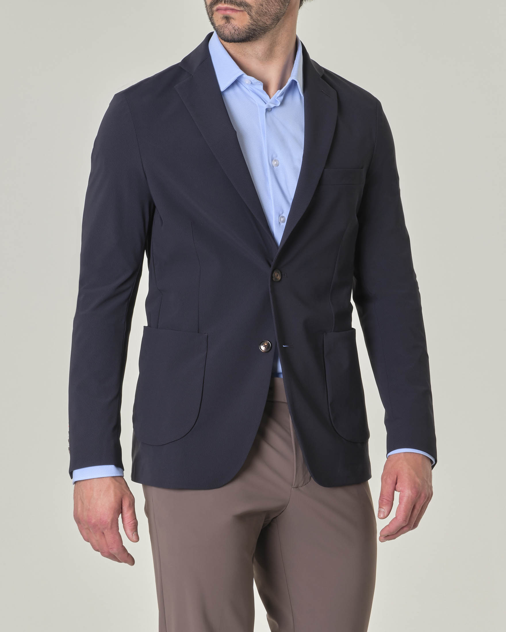 Blazer Micro blu in tessuto tecnico stretch micro fantasia punto spillo