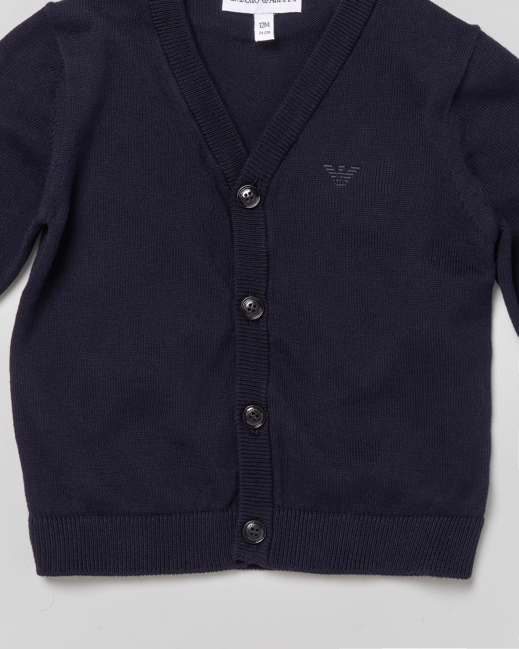Cardigan Emporio Armani Junior in maglia blu con logo ricamato sul petto  image