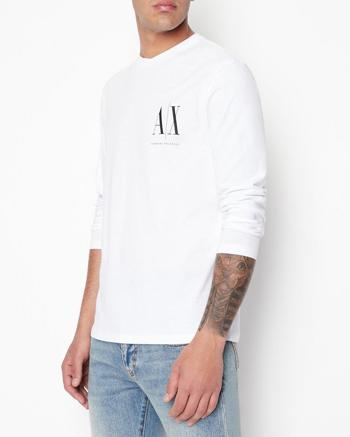 T-shirt bianca a maniche lunghe in cotone con logo AX piccolo stampato