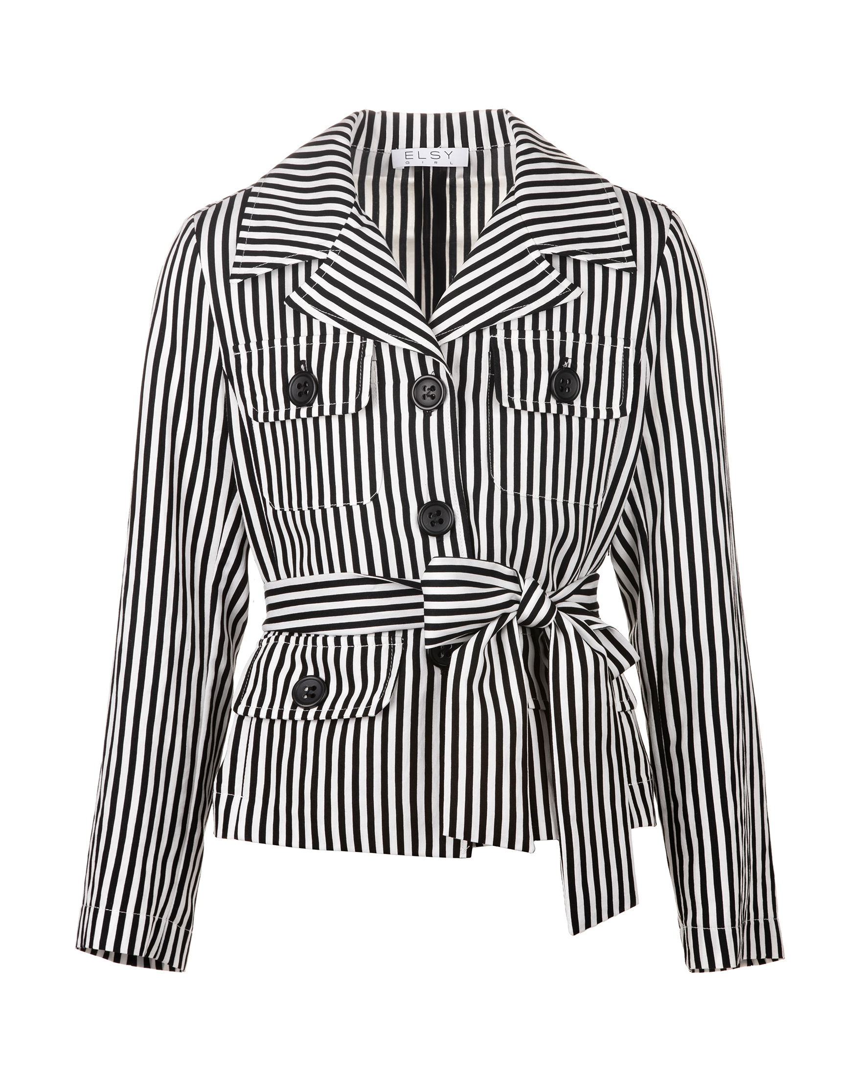 Sahariana bianca e nera a righe verticali con cintura annodabile in coordinato 38