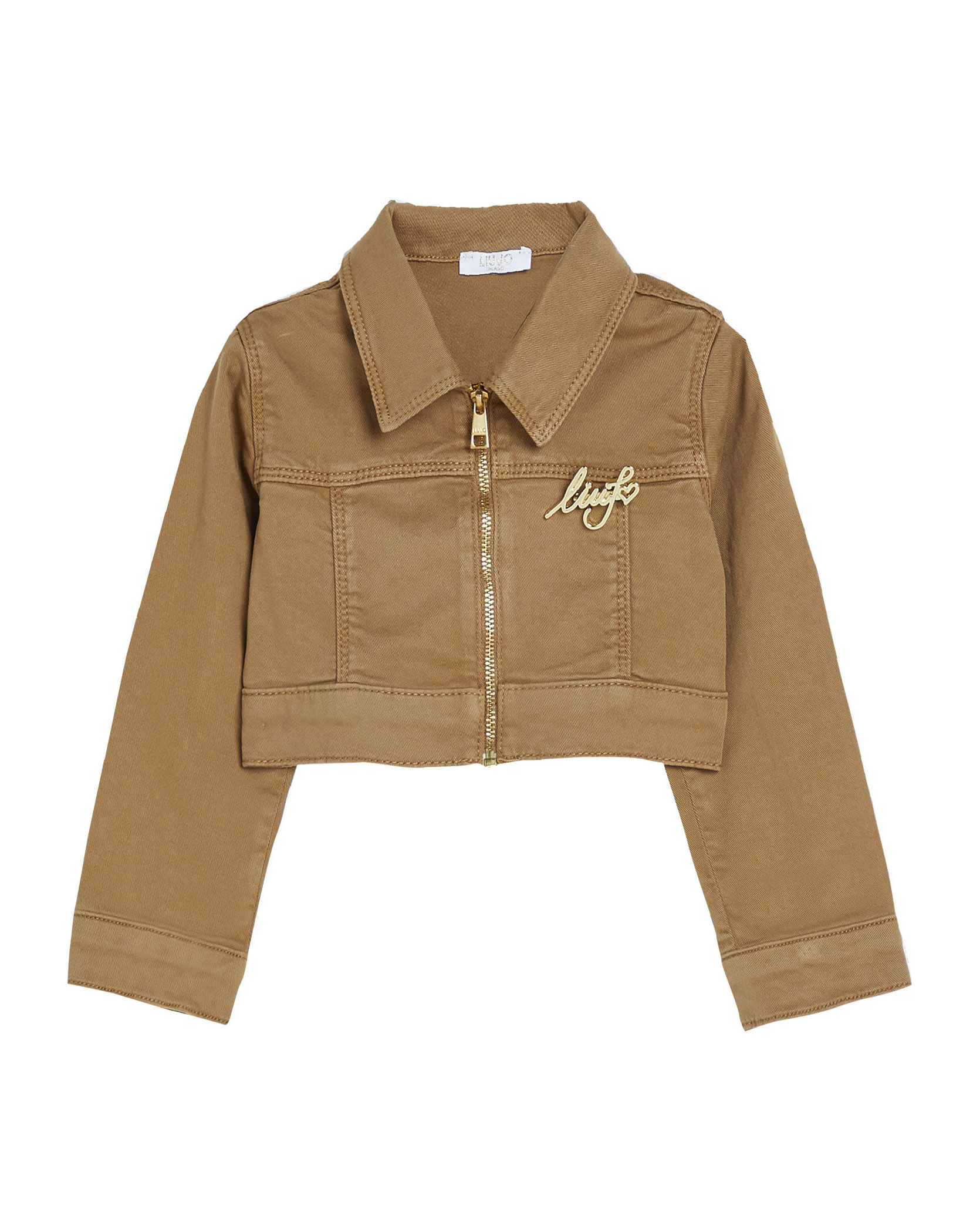 Giacca color caramello in bull di cotone stretch con spilla gioiello 3-7 anni