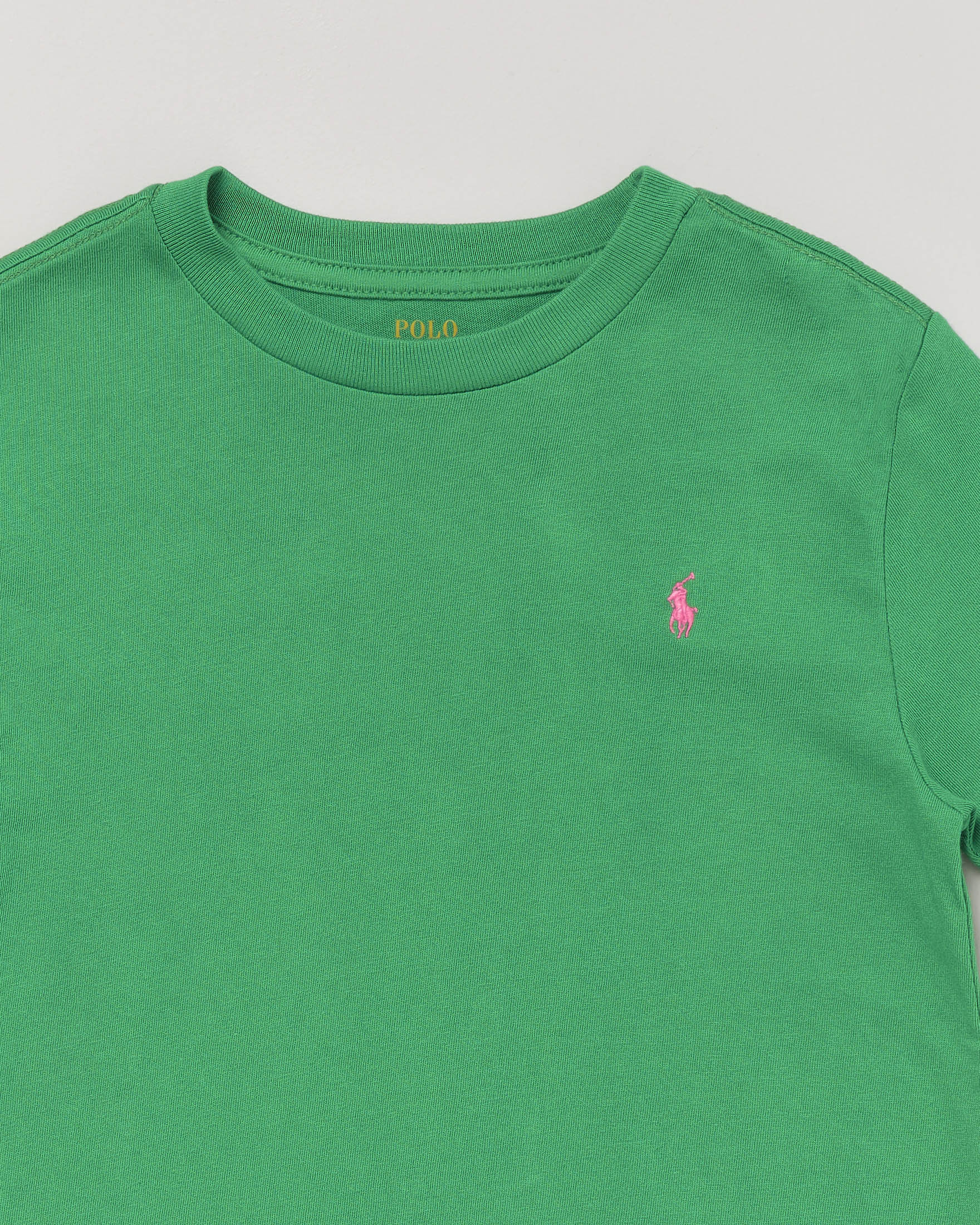 T-shirt verde a mezza manica in cotone con logo pony rosa  image