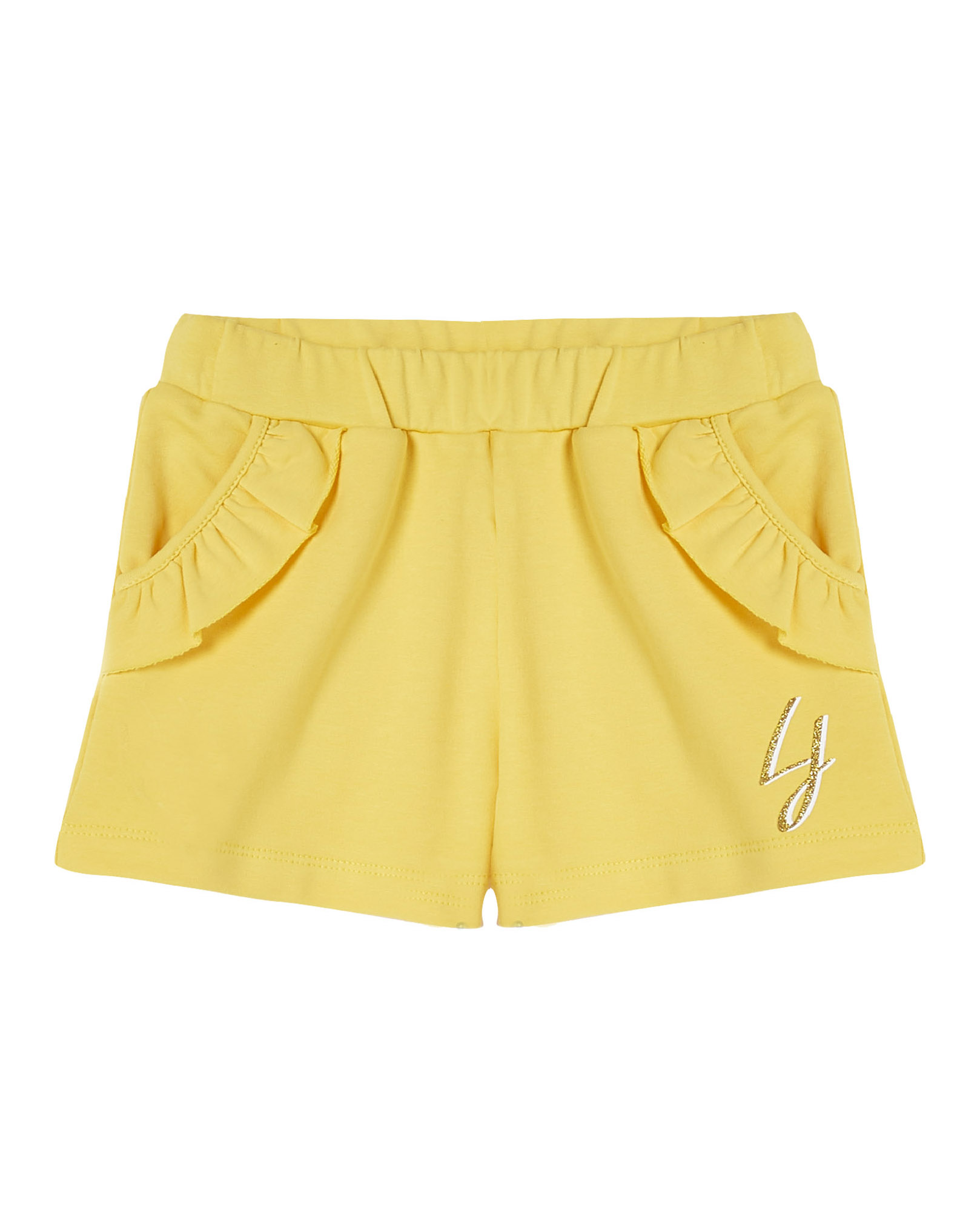 Shorts gialli in felpa con tasche alla francese con rouches applicate e logo 'LJ' glitterato 3-7 anni