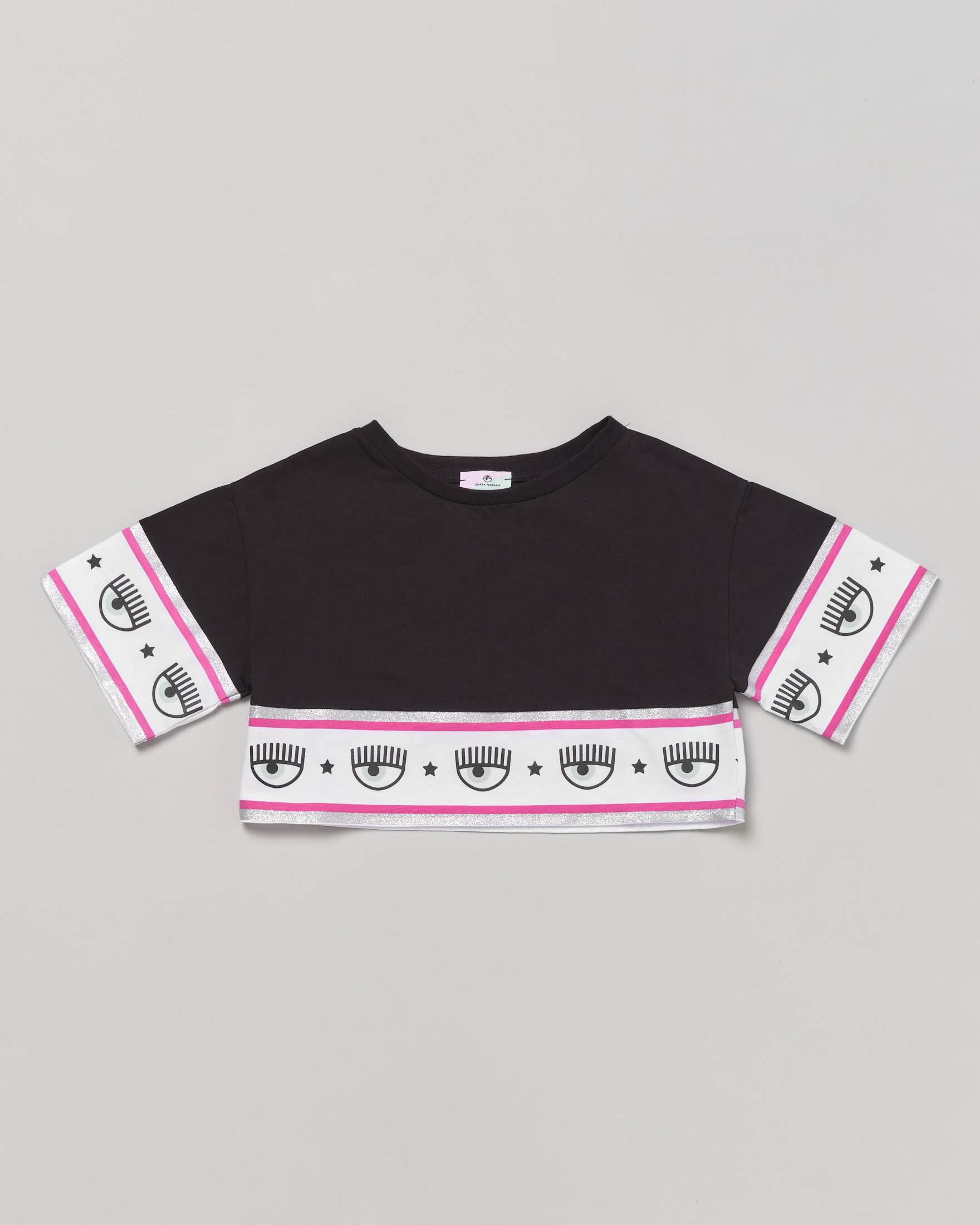 T-shirt nera cropped a mezza manica con fascia logo eyestar glitterata 4-6 anni
