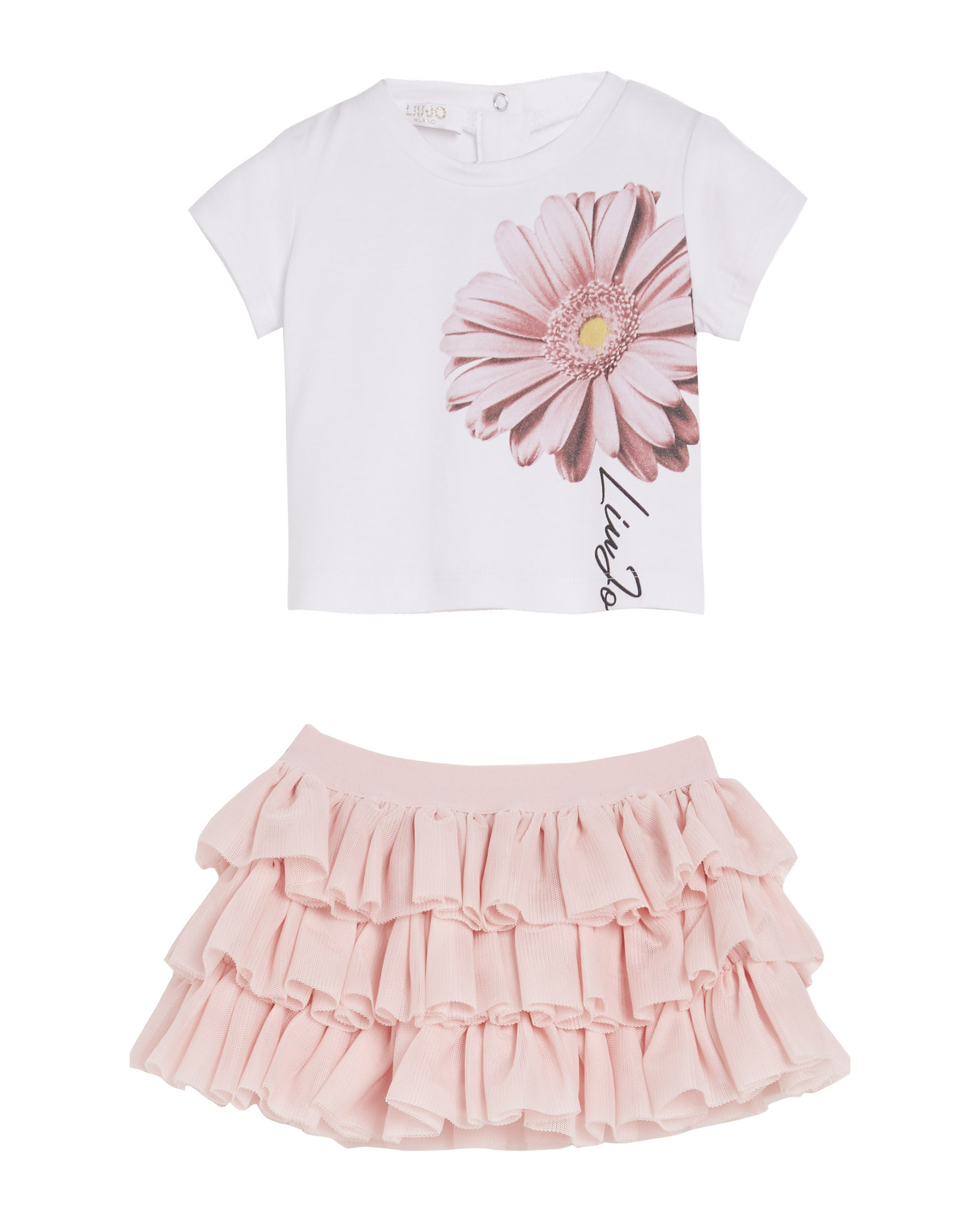 Completo t-shirt bianca con stampa margherita e gonna rosa a balze in tulle  6-18 mesi