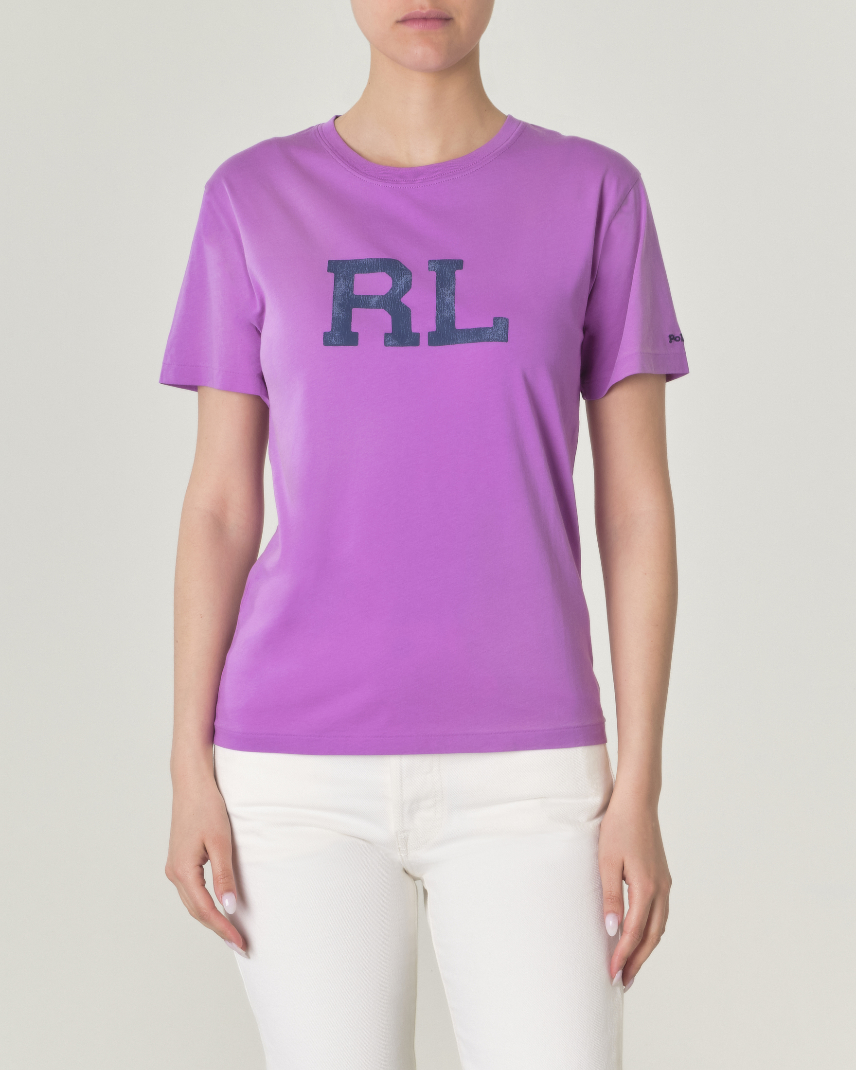 T-shirt color ciclamino in cotone con maniche corte e logo blu stampato