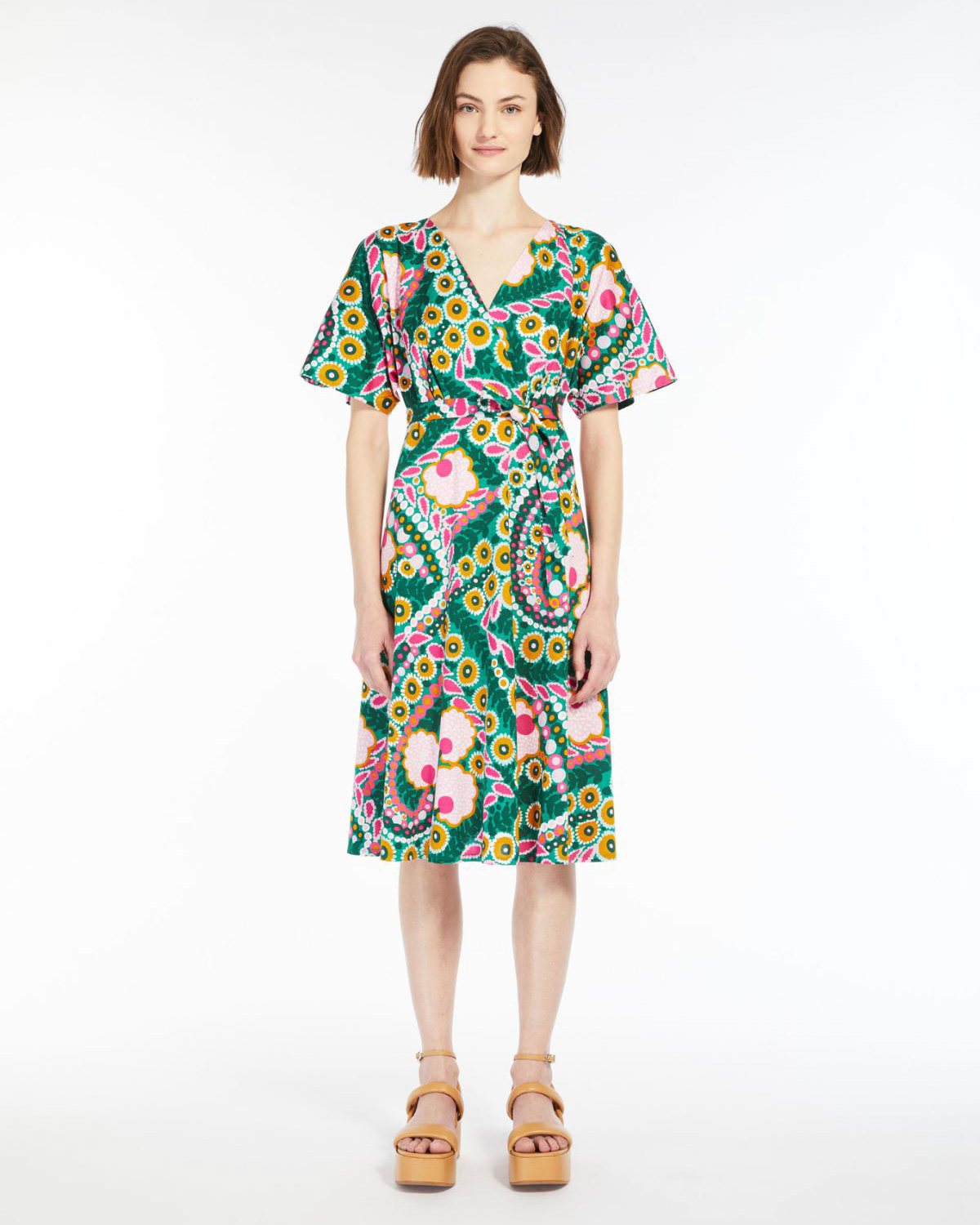 Abito midi verde e rosa in jersey a fantasia floreale con scollo a