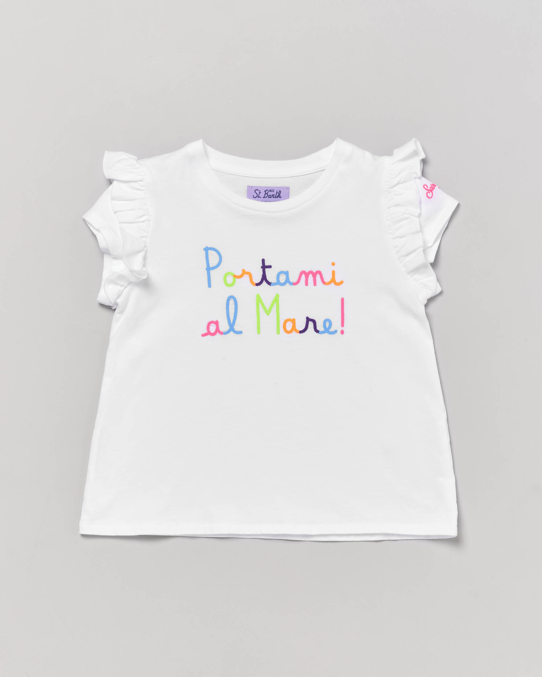 T-shirt bianca MC2 Saint Barth a mezza manica con rouches e scritta ricamata davanti