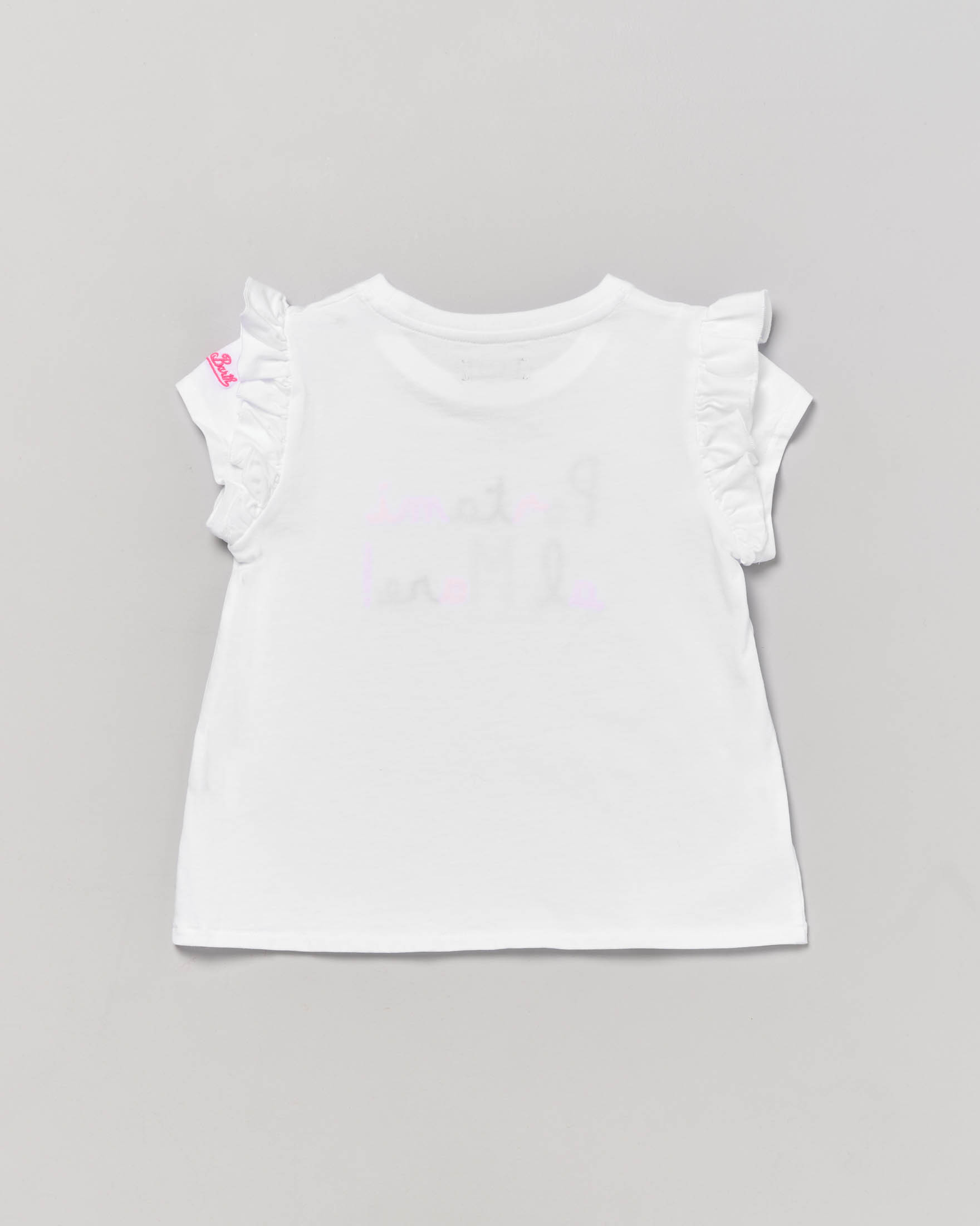 T-shirt bianca MC2 Saint Barth a mezza manica con rouches e scritta ricamata davanti 