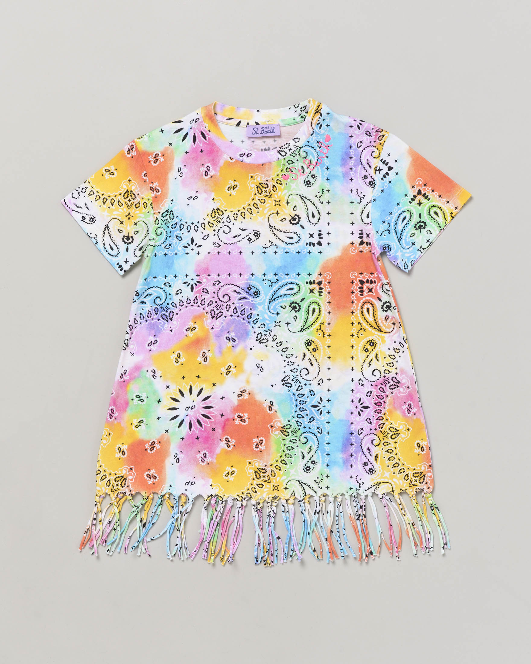 Copricostume in cotone Abbey con stampa bandana multicolor nei tono pastello con frange