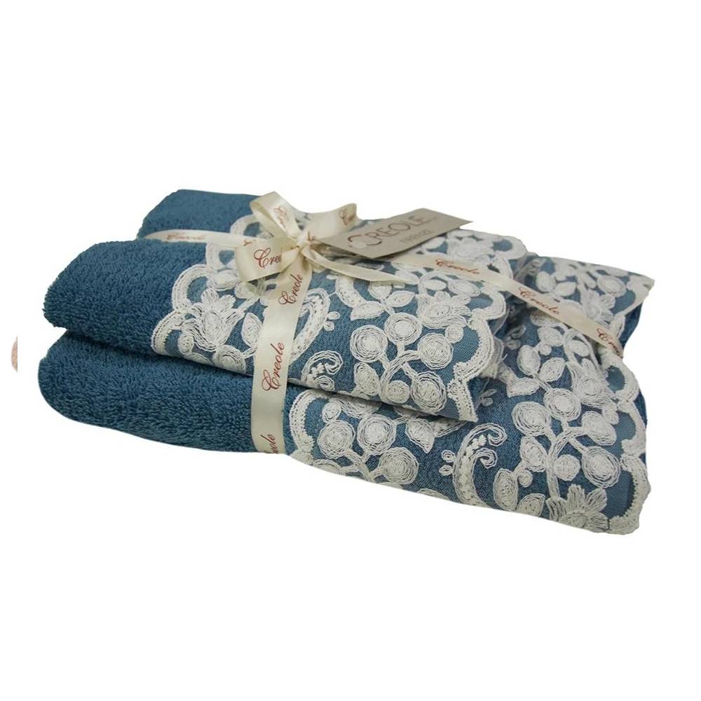 Pair of Elsa air force blue cotton towels with lace border