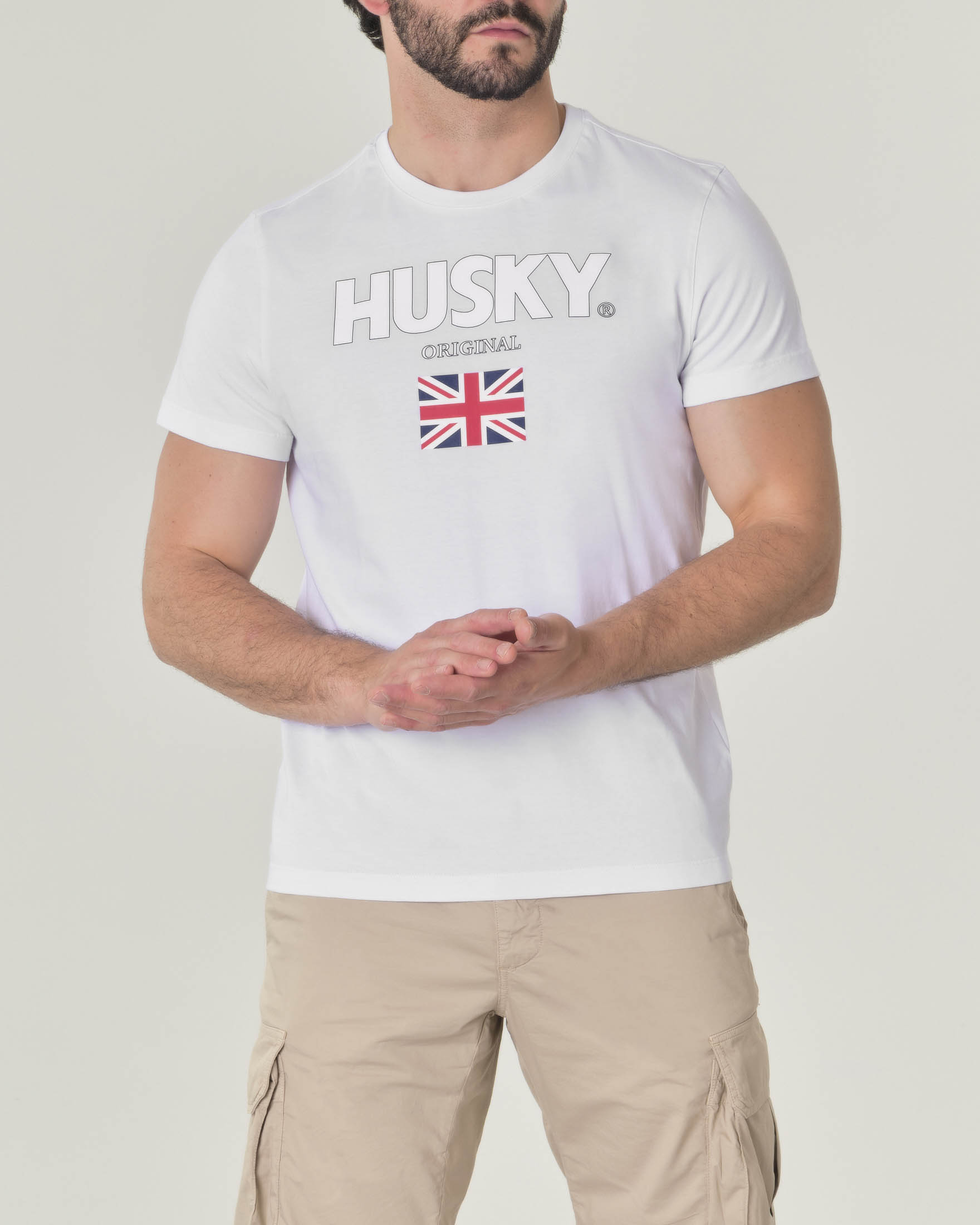 T-shirt bianca mezza manica porta logo e bandiera Regno Unito