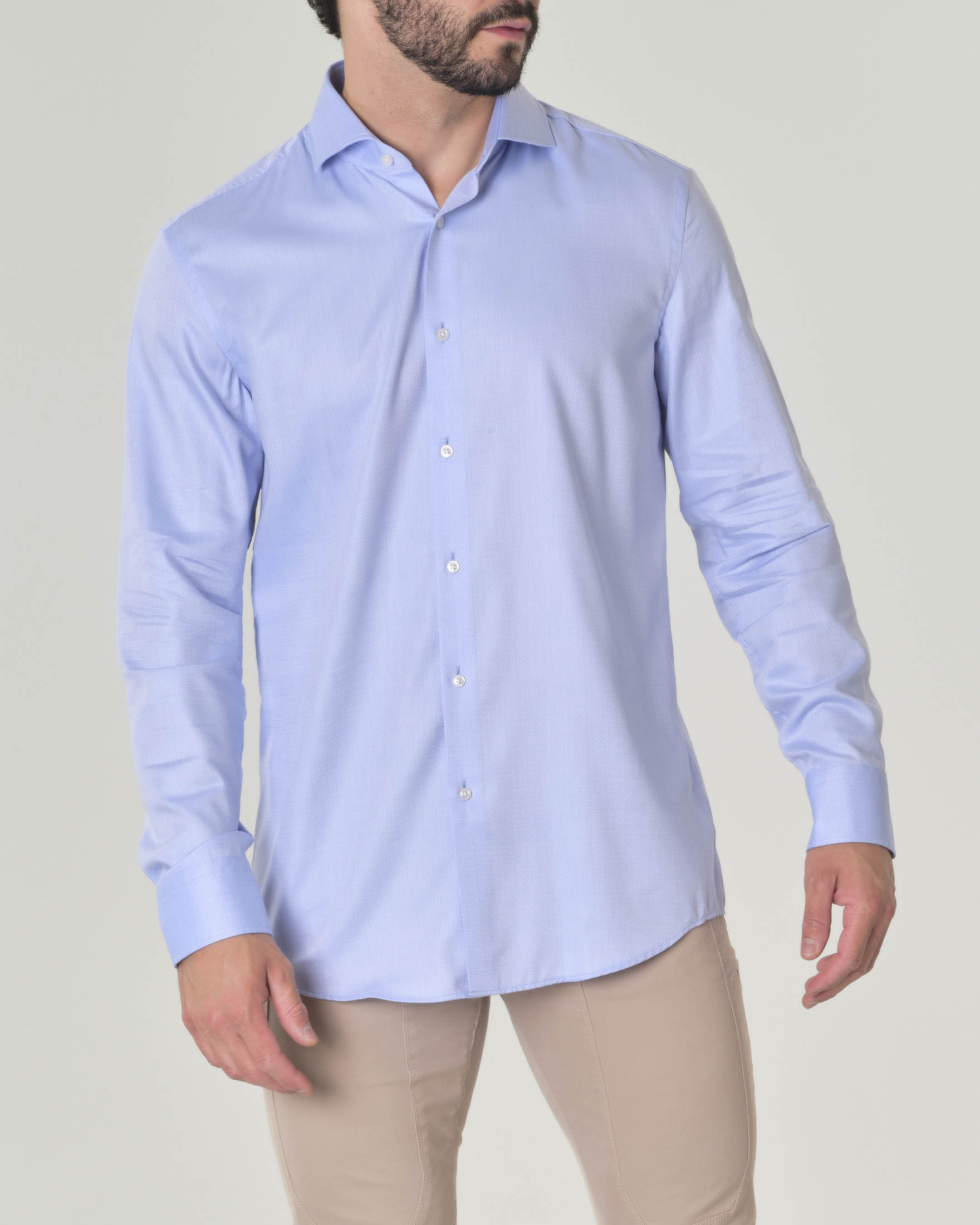 Camicia azzurra Spread regular fit in cotone stretch micro rombetto con colletto aperto alla francese