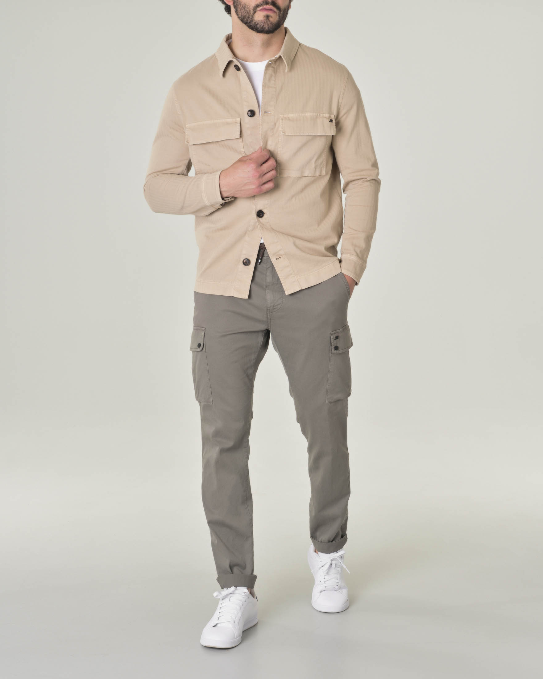 Overshirt beige in cotone stretch micro riga