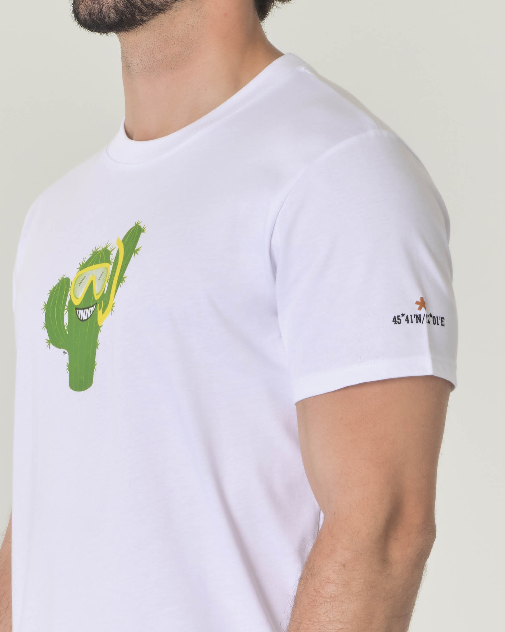 T-shirt bianca mezza manica in jersey di cotone con stampa cactus