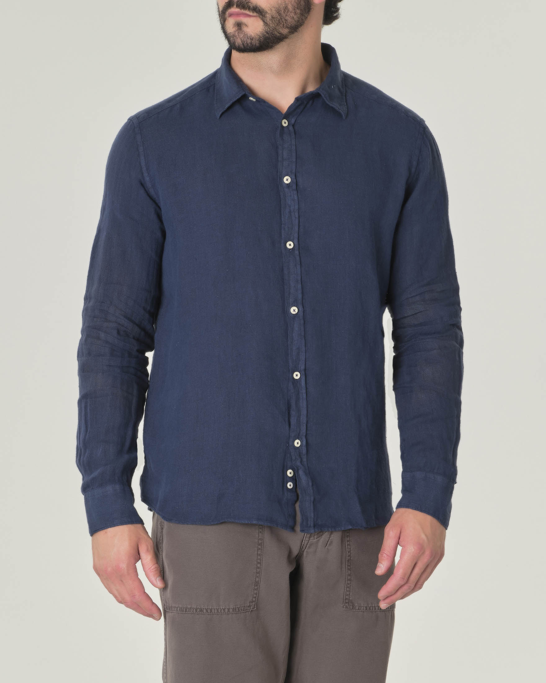 Camicia blu in puro lino con colletto classico all'italiana