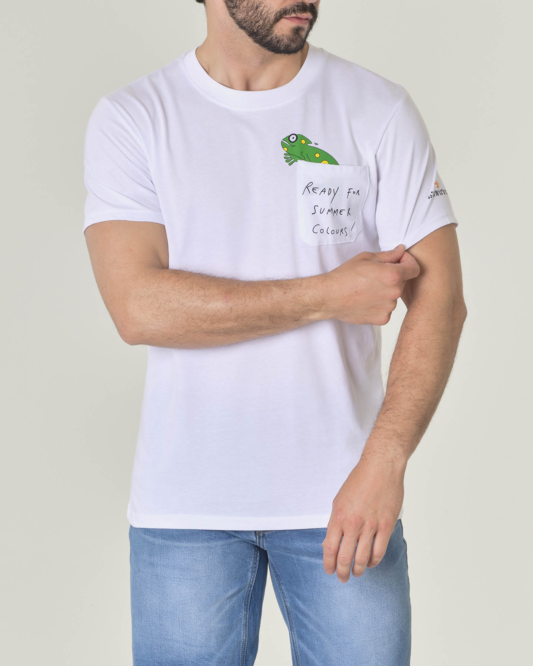 T-shirt bianca mezza manica in jersey di cotone con taschino e