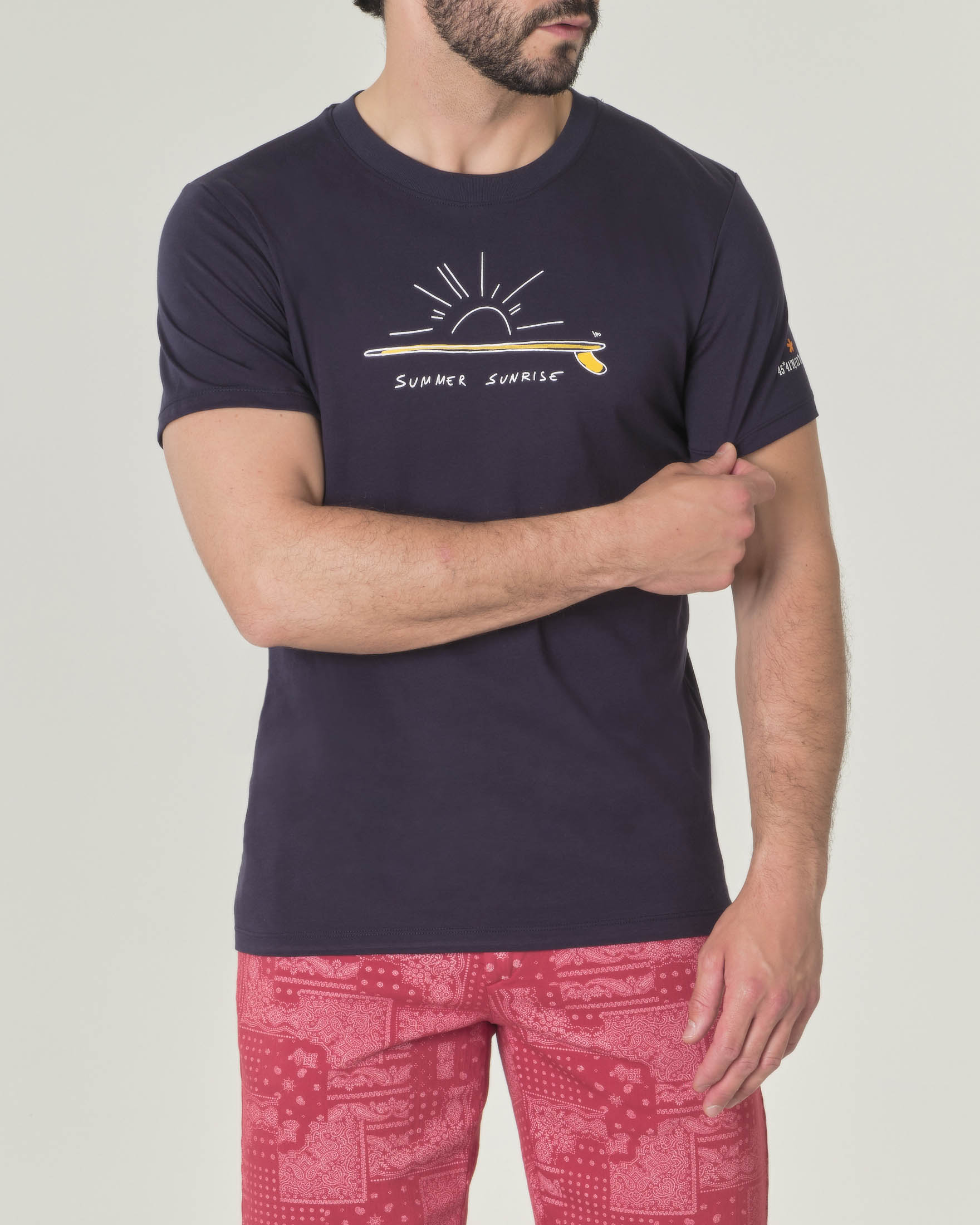 T-shirt blu mezza manica in jersey di cotone con stampa Summer Sunrise