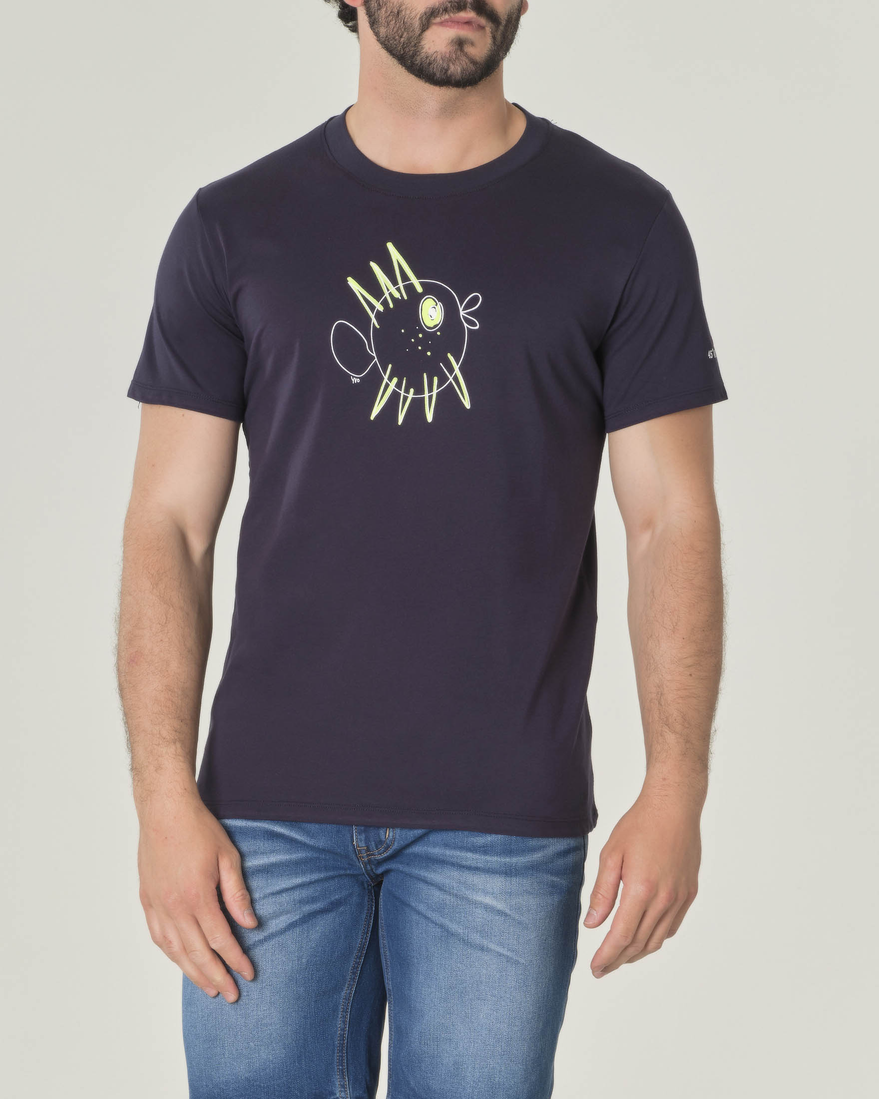 T-shirt blu mezza manica in jersey di cotone con stampa pesce palla