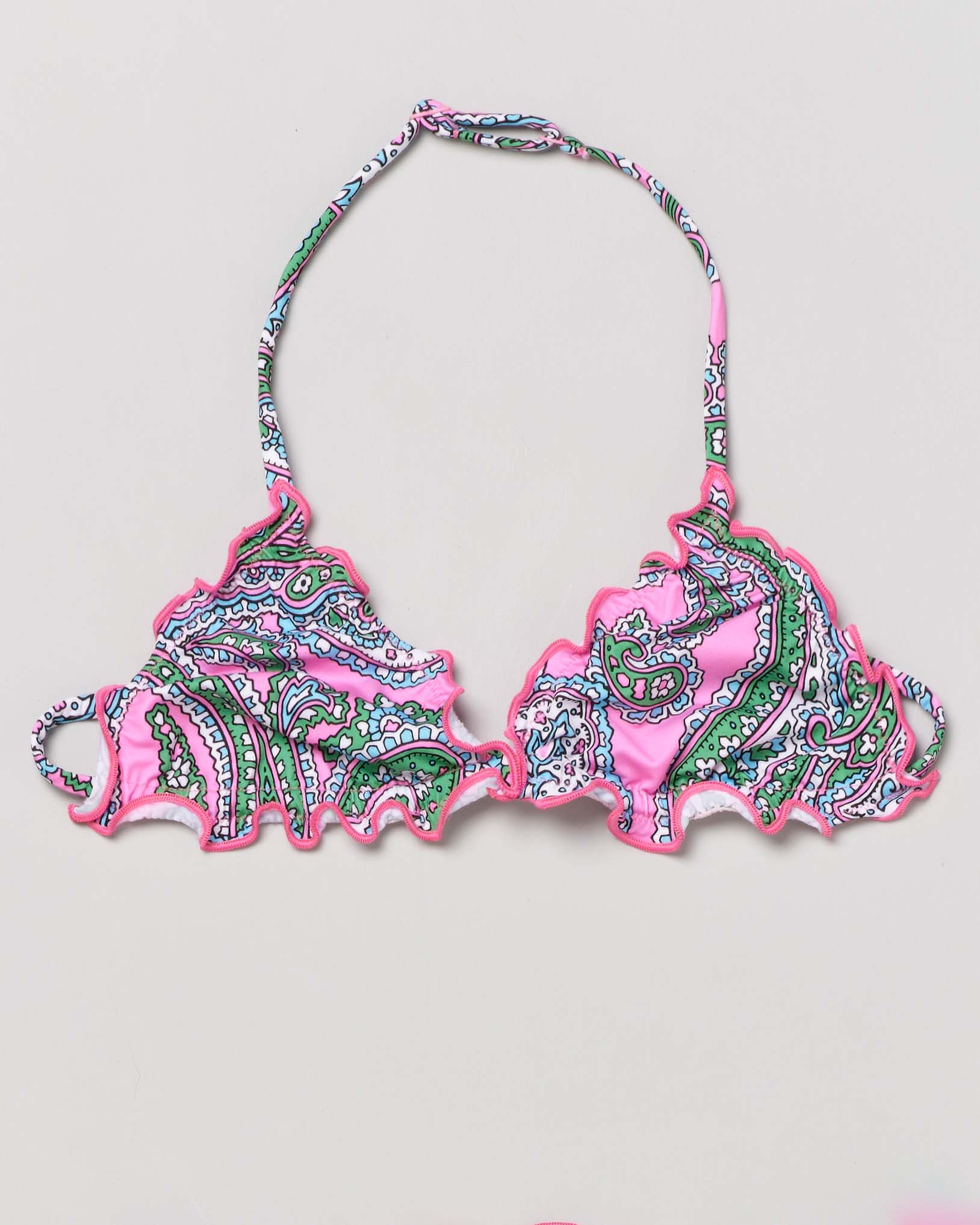 Bikini a triangolo rosa con fantasia cachemire verde e rouches ai bordi  image