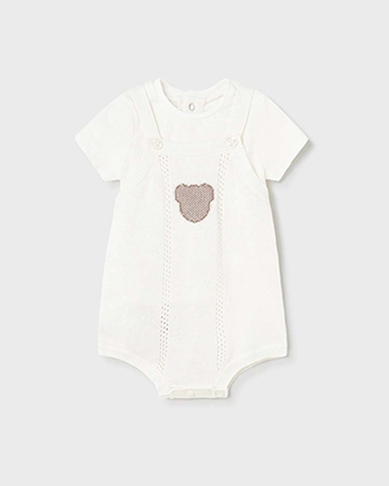 Completo avorio composto da t-shirt e salopette in maglia di cotone con orsetto jacquard 2-6 mesi