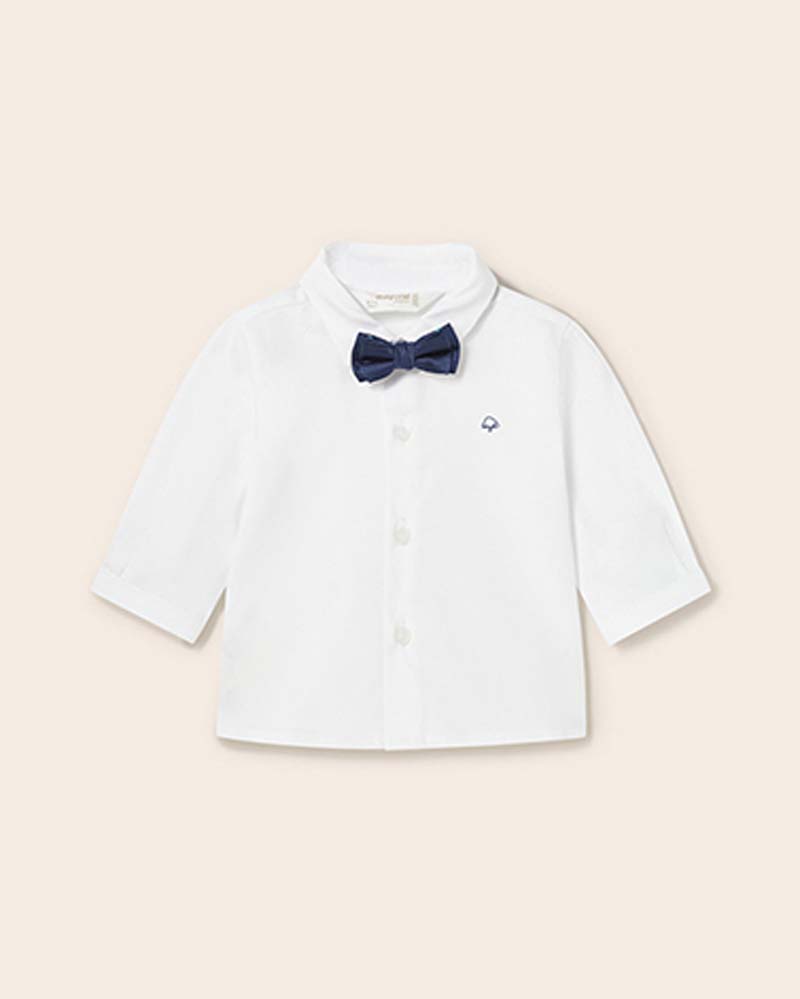 Camicia bianca in popeline di cotone con papillon blu indaco in twill 6-18 mesi