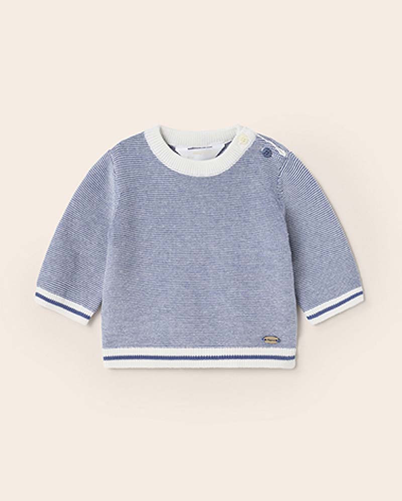 Maglia mouliné in puro cotone bianca e blu a righe sottili con scollo a giro 6-18 mesi