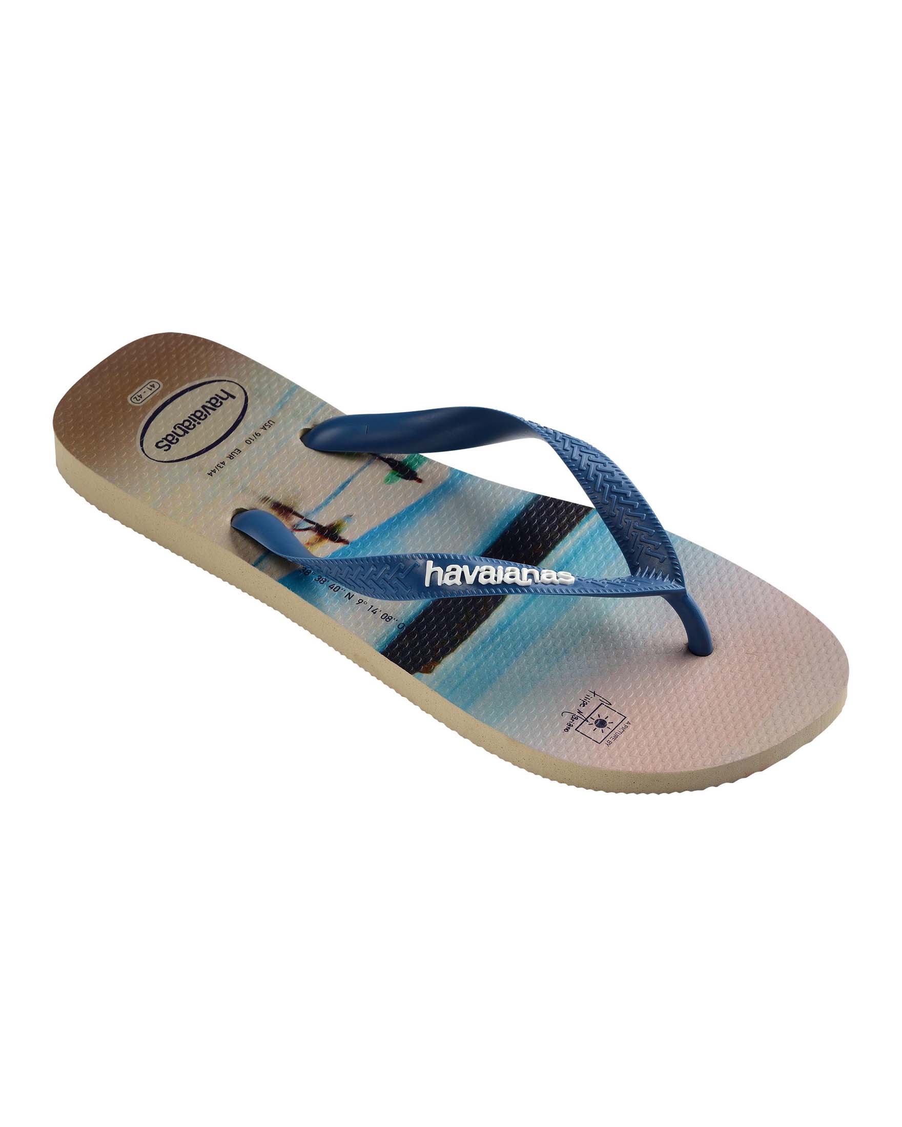 Havaianas Hype beige in fantasia fotografica skate con fascetta indaco e logo bianco