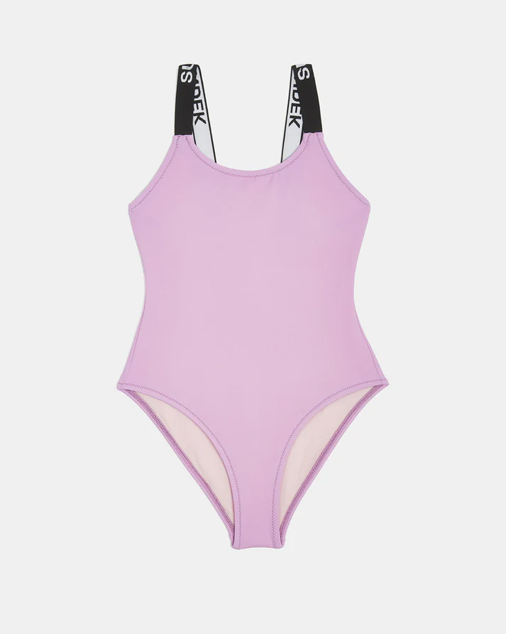 Costume intero lilla in tessuto stretch con spalline spesse nere porta logo 10-14 anni