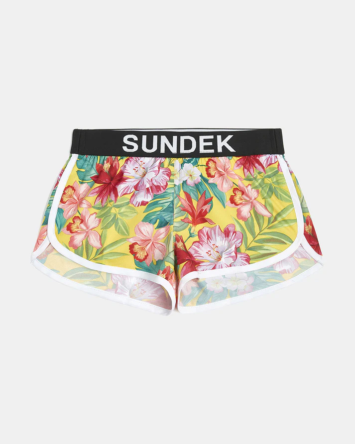 Shorts runner mare giallo in fantasia tropicale con profili bianchi e fascia elastica in vita porta logo 10-14 anni