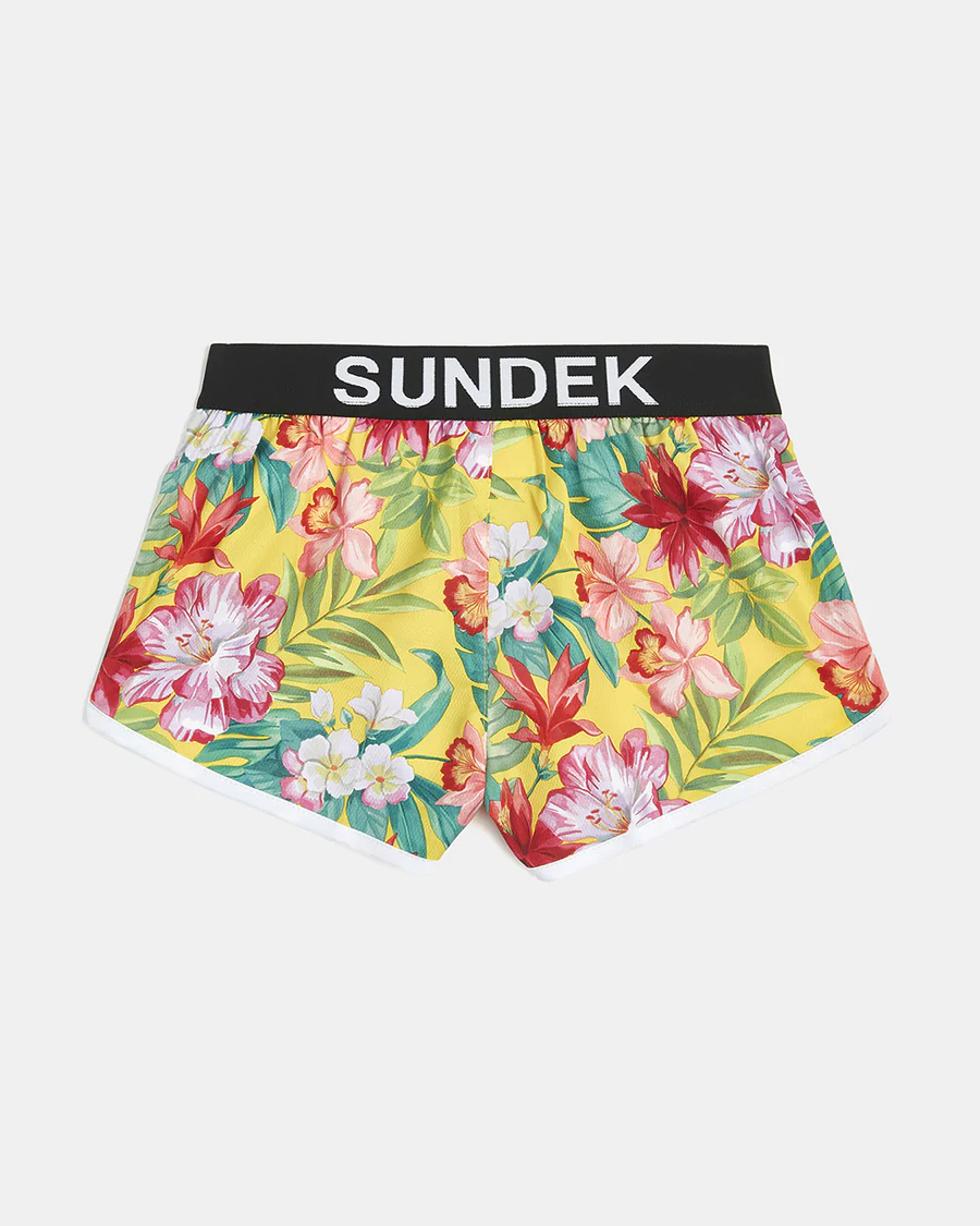 Shorts runner mare giallo in fantasia tropicale con profili bianchi e fascia elastica in vita porta logo 10-14 anni image