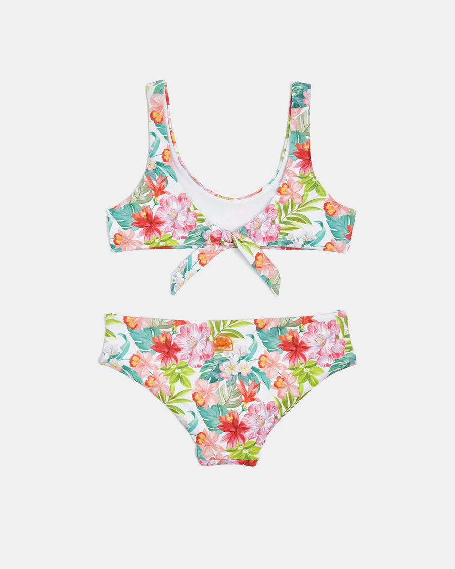 Bikini a bralette bianco in tessuto stretch a fantasia floreale multicolore 8-14 anni image