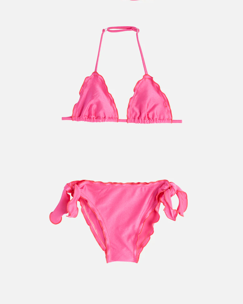 Bikini fucsia a triangolo in tessuto stretch effetto perlato con rouches 10-16 anni